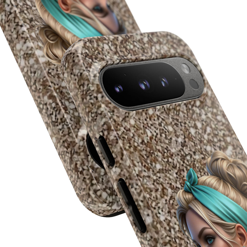 Parisian Glam Phone Case — Retro Pin-Up Girl with Teal Headscarf on Glitter Background Printify