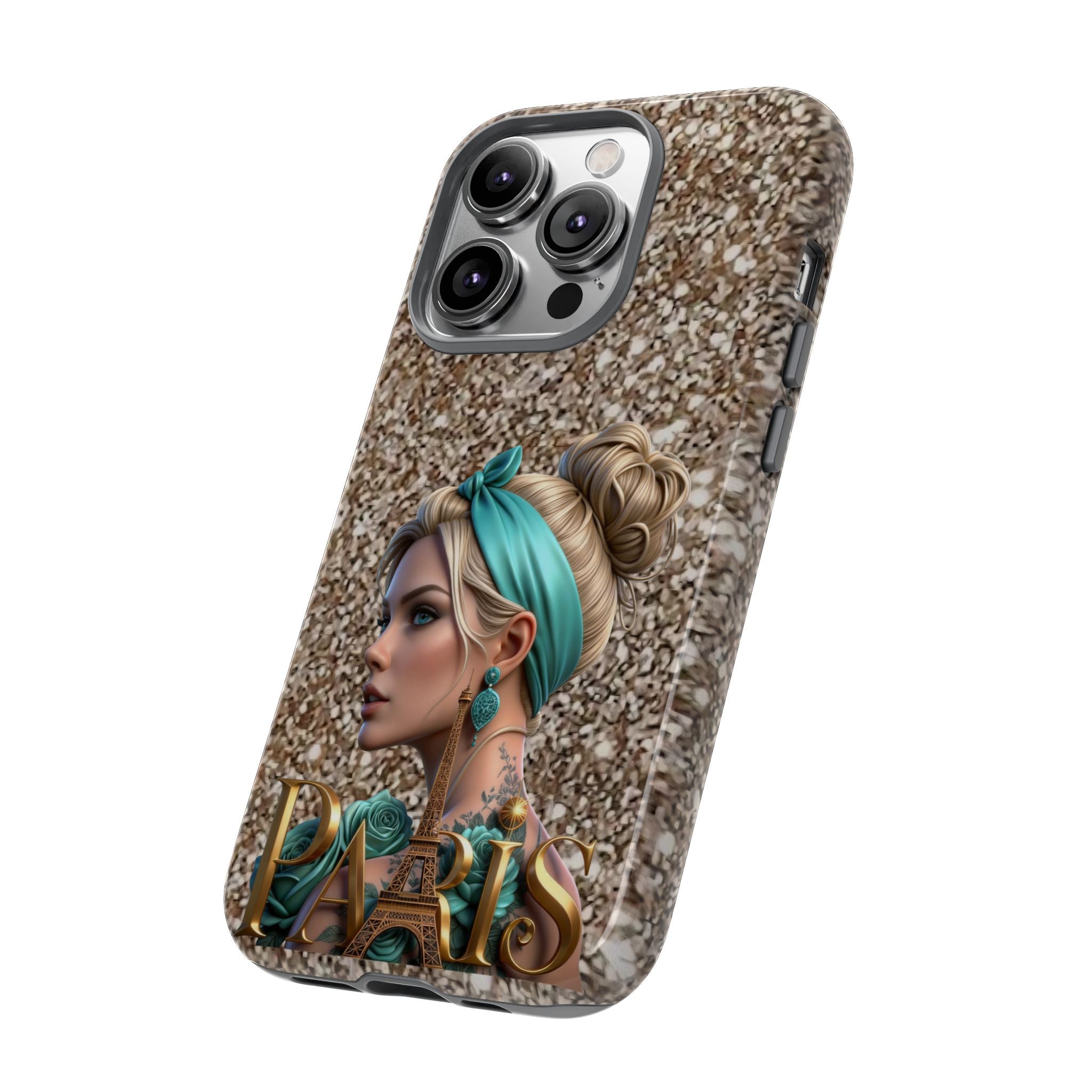 Parisian Glam Phone Case — Retro Pin-Up Girl with Teal Headscarf on Glitter Background Printify