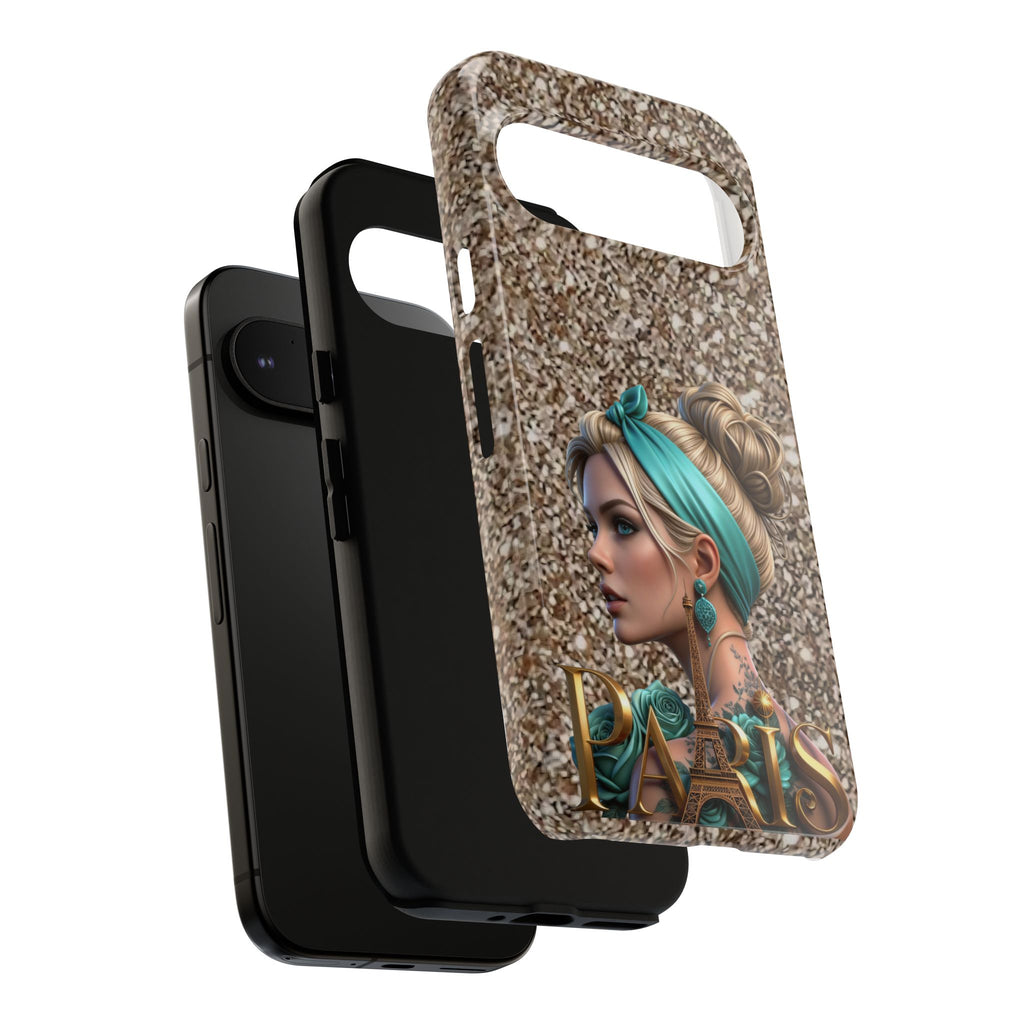 Parisian Glam Phone Case — Retro Pin-Up Girl with Teal Headscarf on Glitter Background Printify