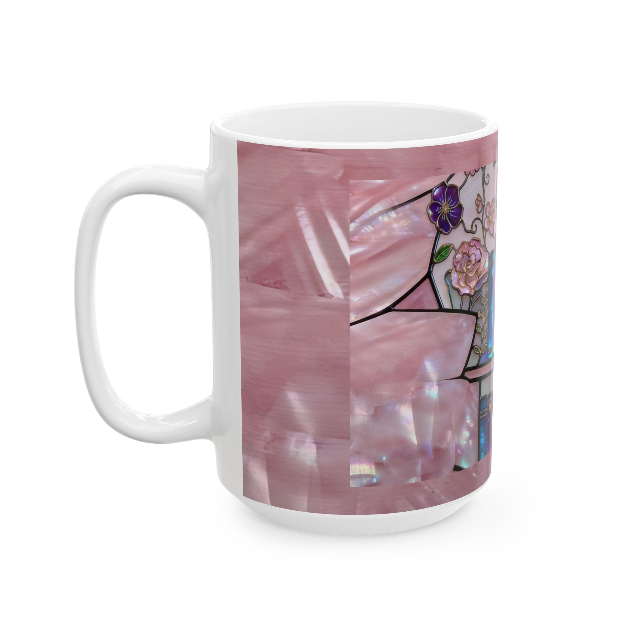 Color Glass Bookshelf  Mug — Pink Stained-Glass Book Lover Coffee Cup (11oz/15oz) Printify