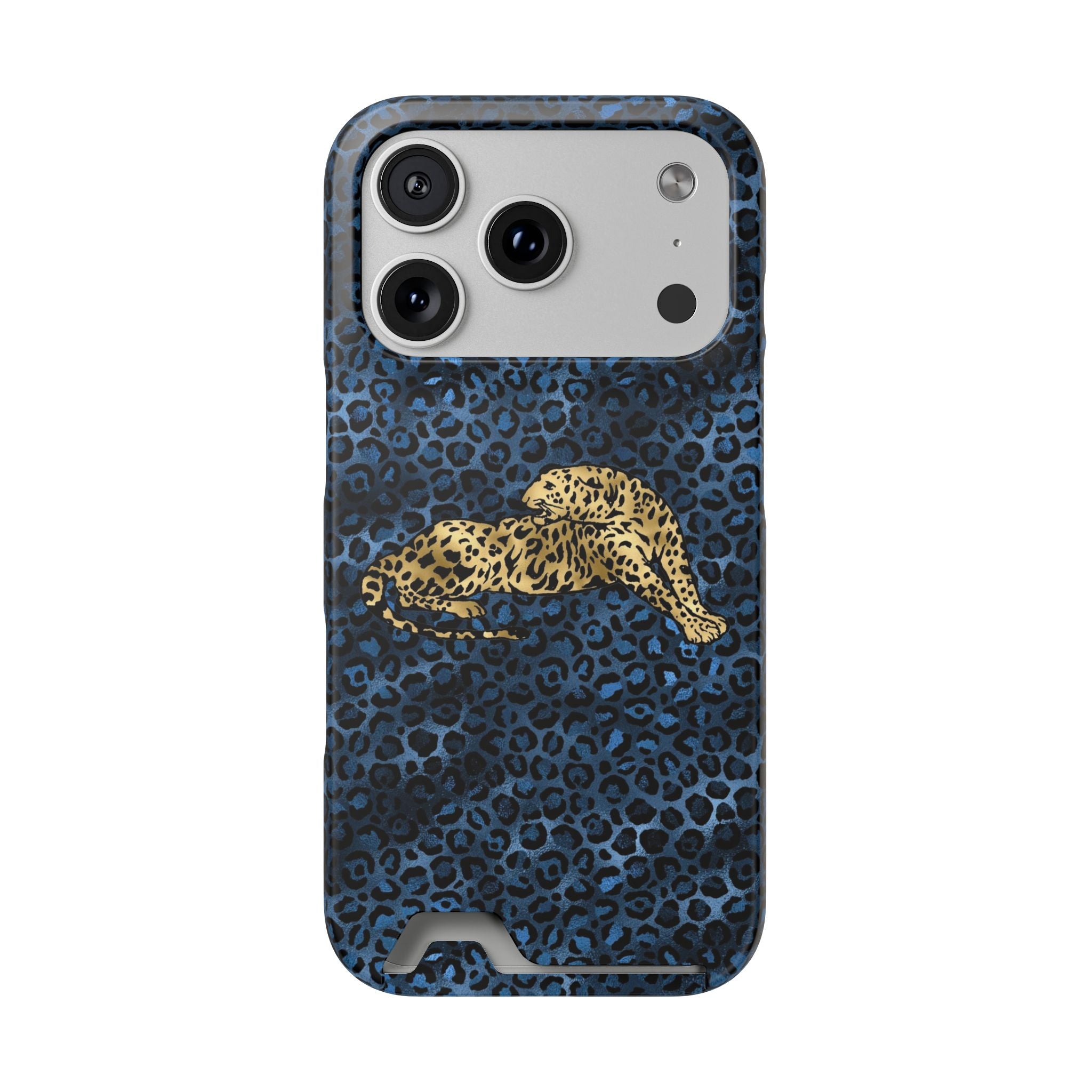 Blue Leopard Phone Case with Card Holder — Gold Cheetah Accent Printify