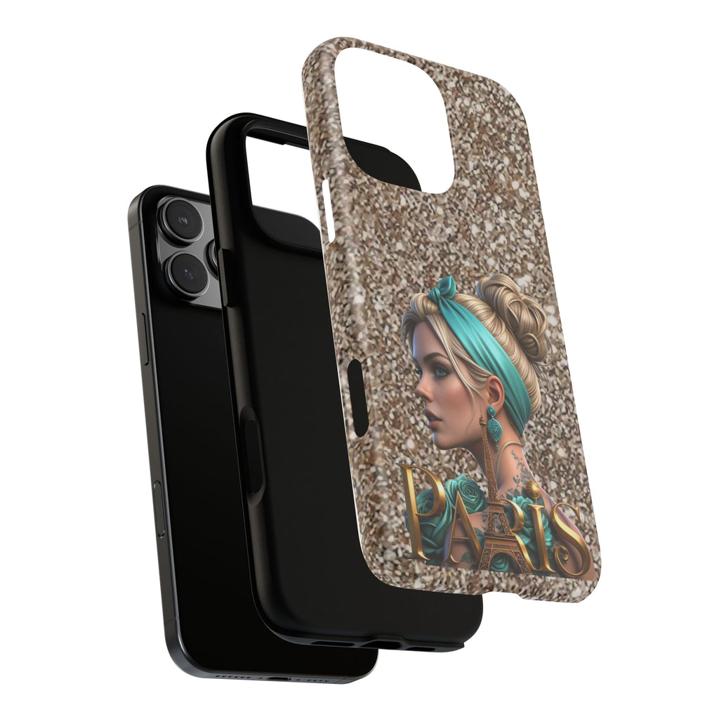 Parisian Glam Phone Case — Retro Pin-Up Girl with Teal Headscarf on Glitter Background Printify