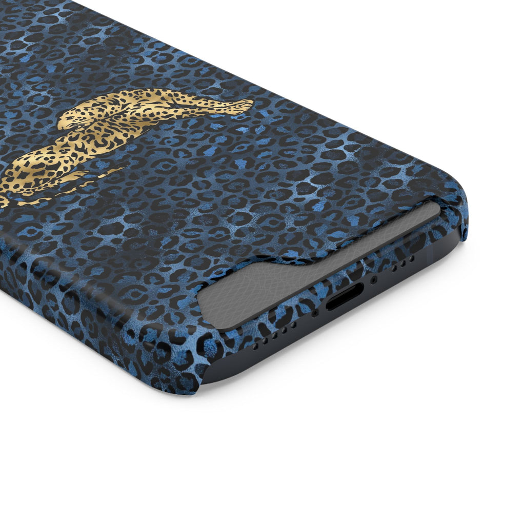 Blue Leopard Phone Case with Card Holder — Gold Cheetah Accent Printify