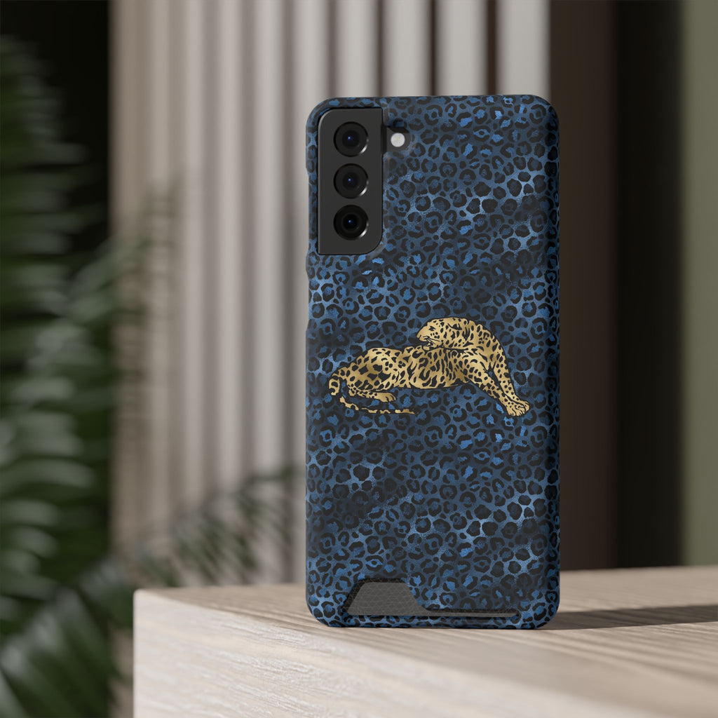 Blue Leopard Phone Case with Card Holder — Gold Cheetah Accent Printify