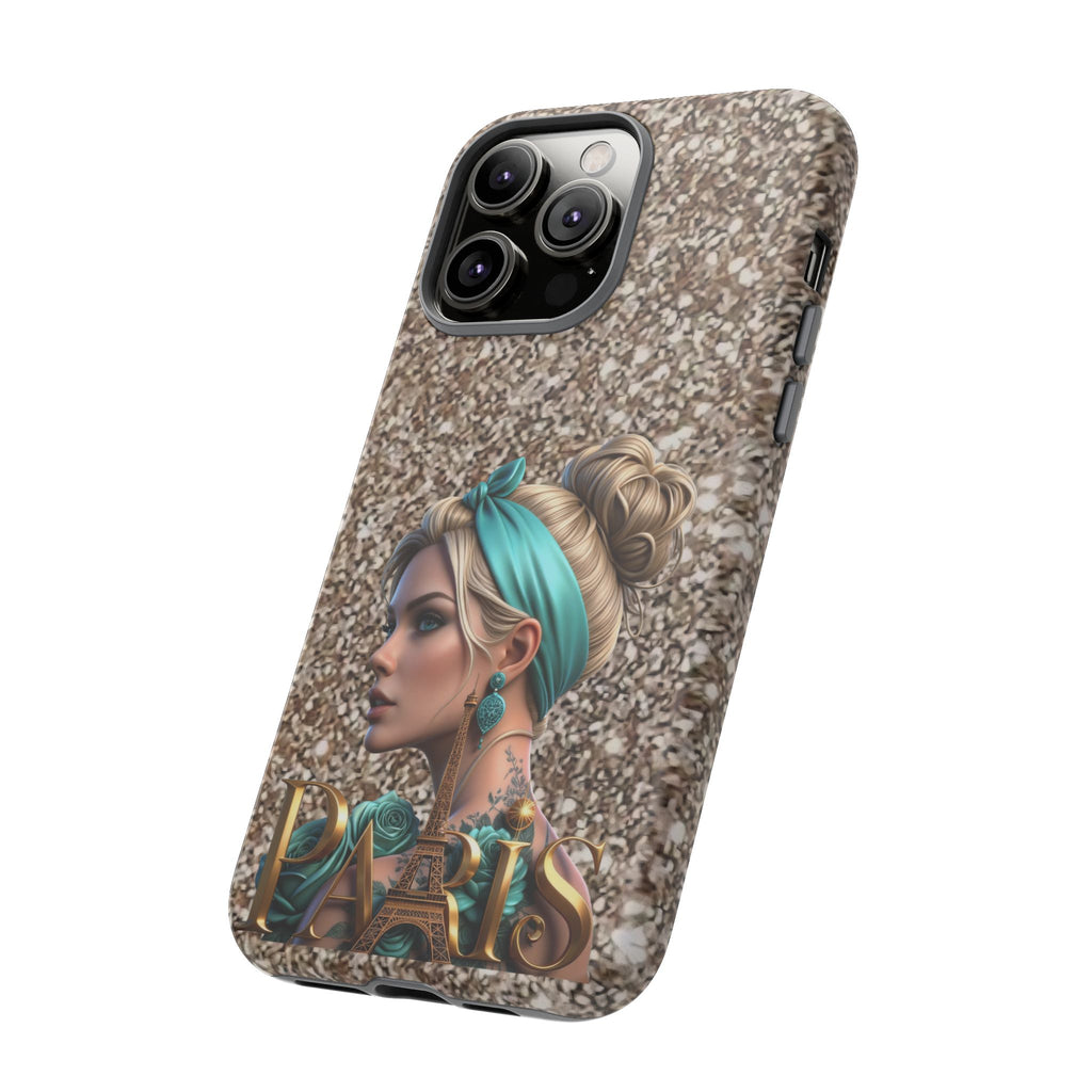 Parisian Glam Phone Case — Retro Pin-Up Girl with Teal Headscarf on Glitter Background Printify