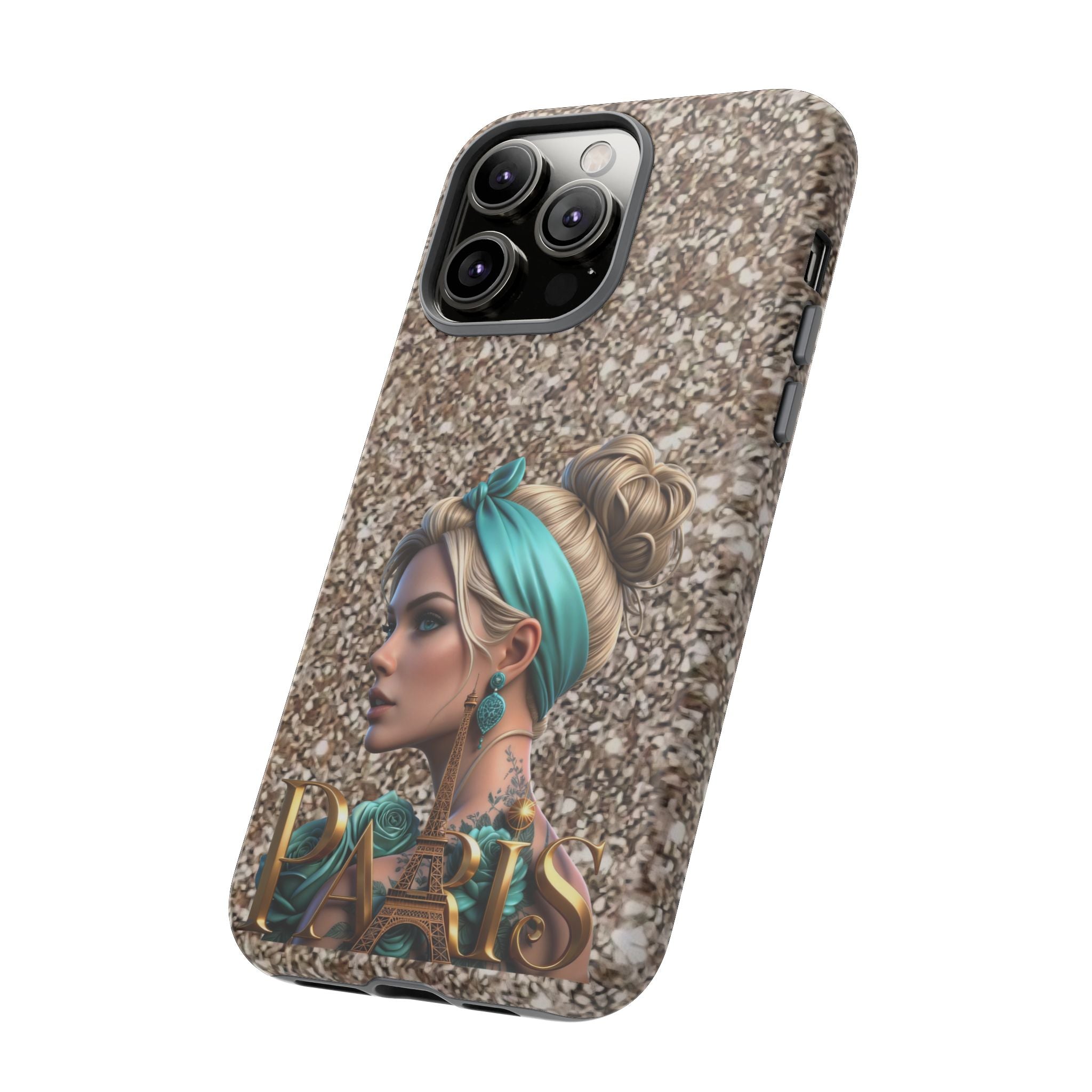 Parisian Glam Phone Case — Retro Pin-Up Girl with Teal Headscarf on Glitter Background Printify