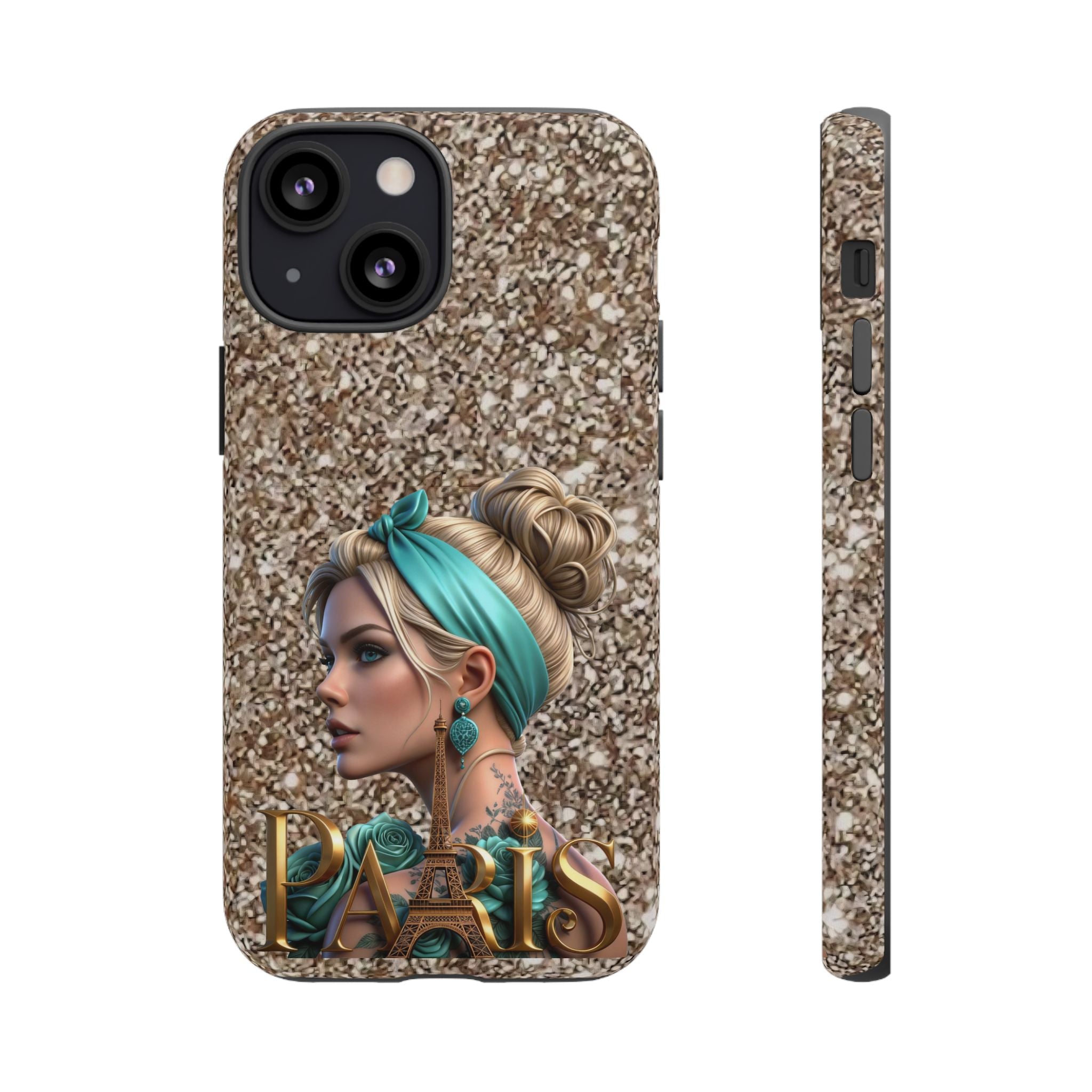 Parisian Glam Phone Case — Retro Pin-Up Girl with Teal Headscarf on Glitter Background Printify