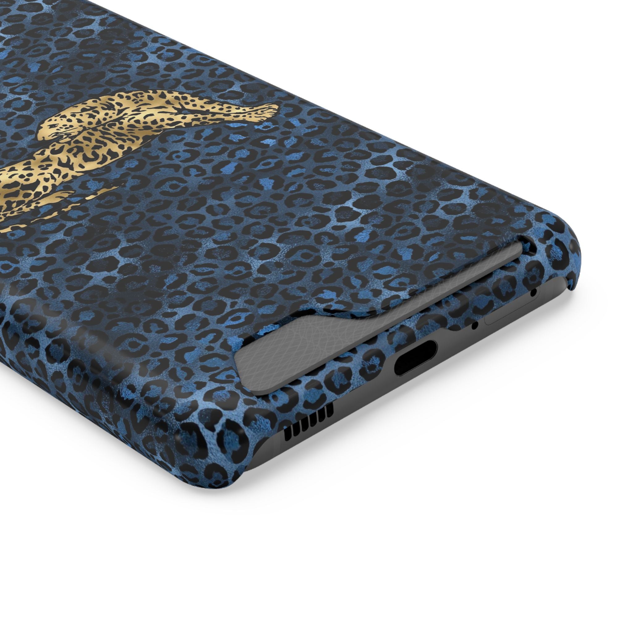 Blue Leopard Phone Case with Card Holder — Gold Cheetah Accent Printify