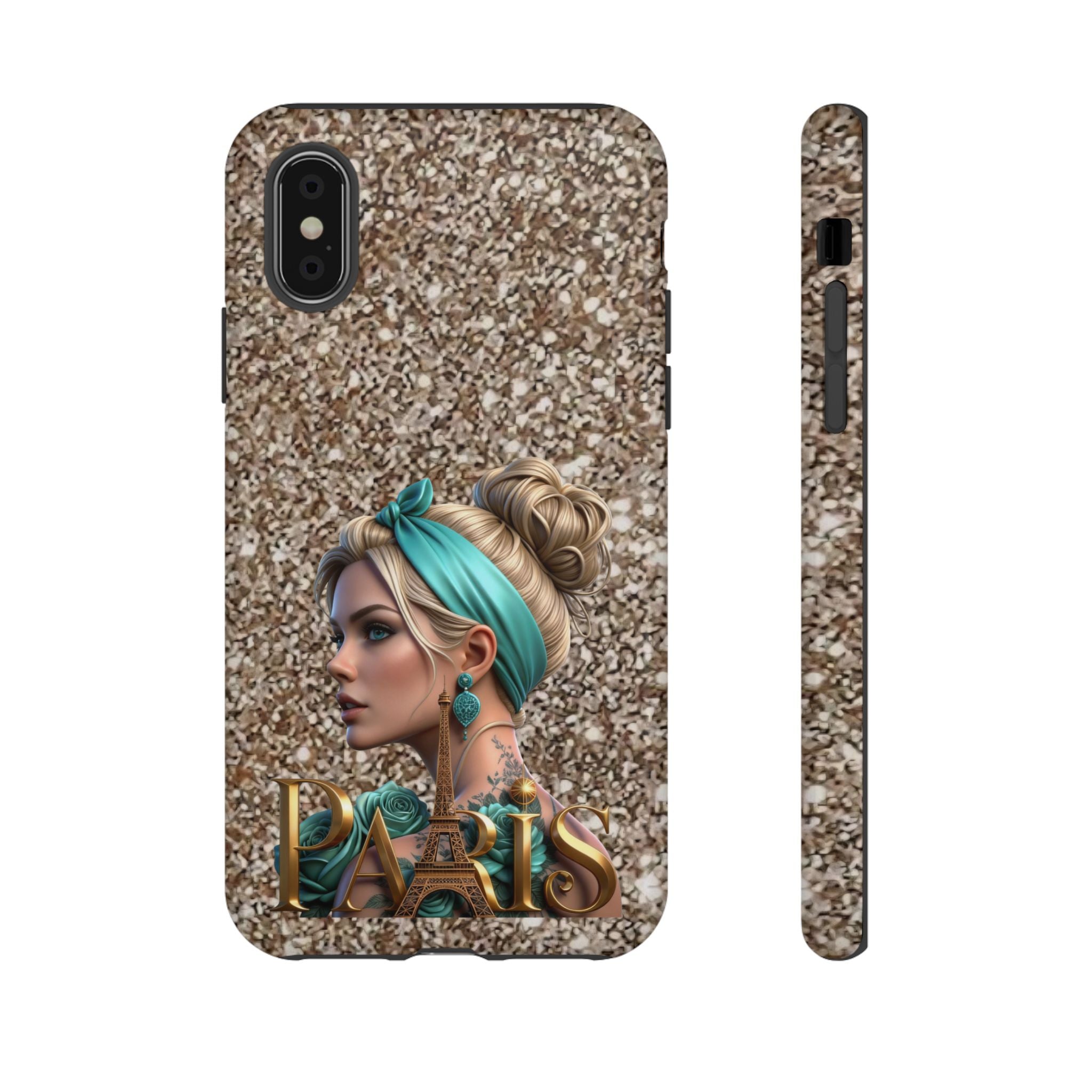 Parisian Glam Phone Case — Retro Pin-Up Girl with Teal Headscarf on Glitter Background Printify