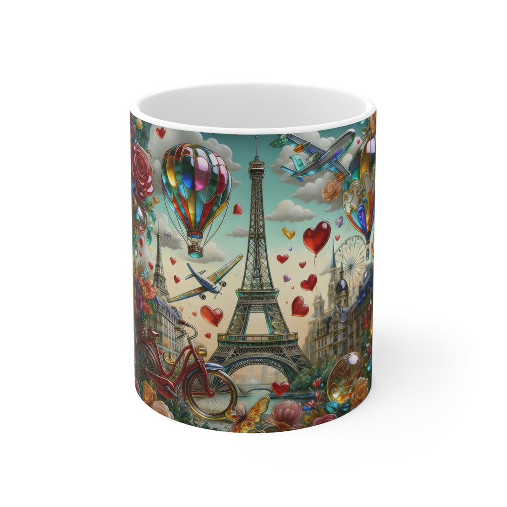 Paris Romance 11oz Ceramic Mug — Eiffel Tower, Hot Air Balloons & Love Hearts Printify