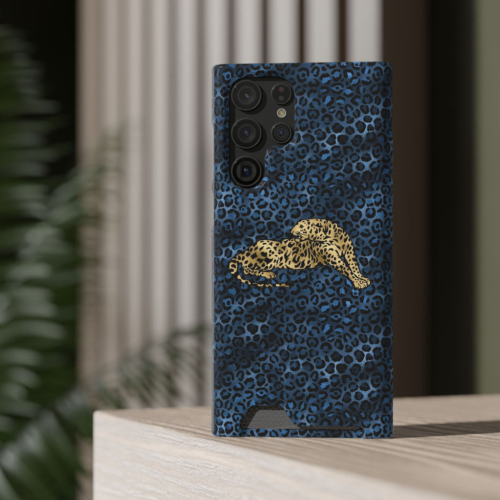 Blue Leopard Phone Case with Card Holder — Gold Cheetah Accent Printify