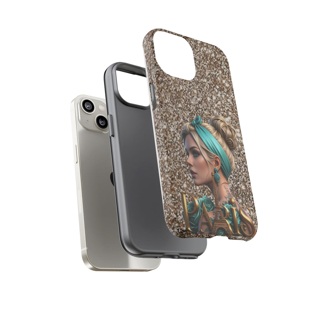 Parisian Glam Phone Case — Retro Pin-Up Girl with Teal Headscarf on Glitter Background Printify