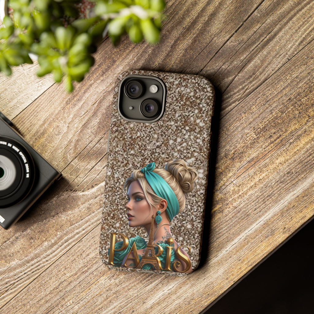Parisian Glam Phone Case — Retro Pin-Up Girl with Teal Headscarf on Glitter Background Printify