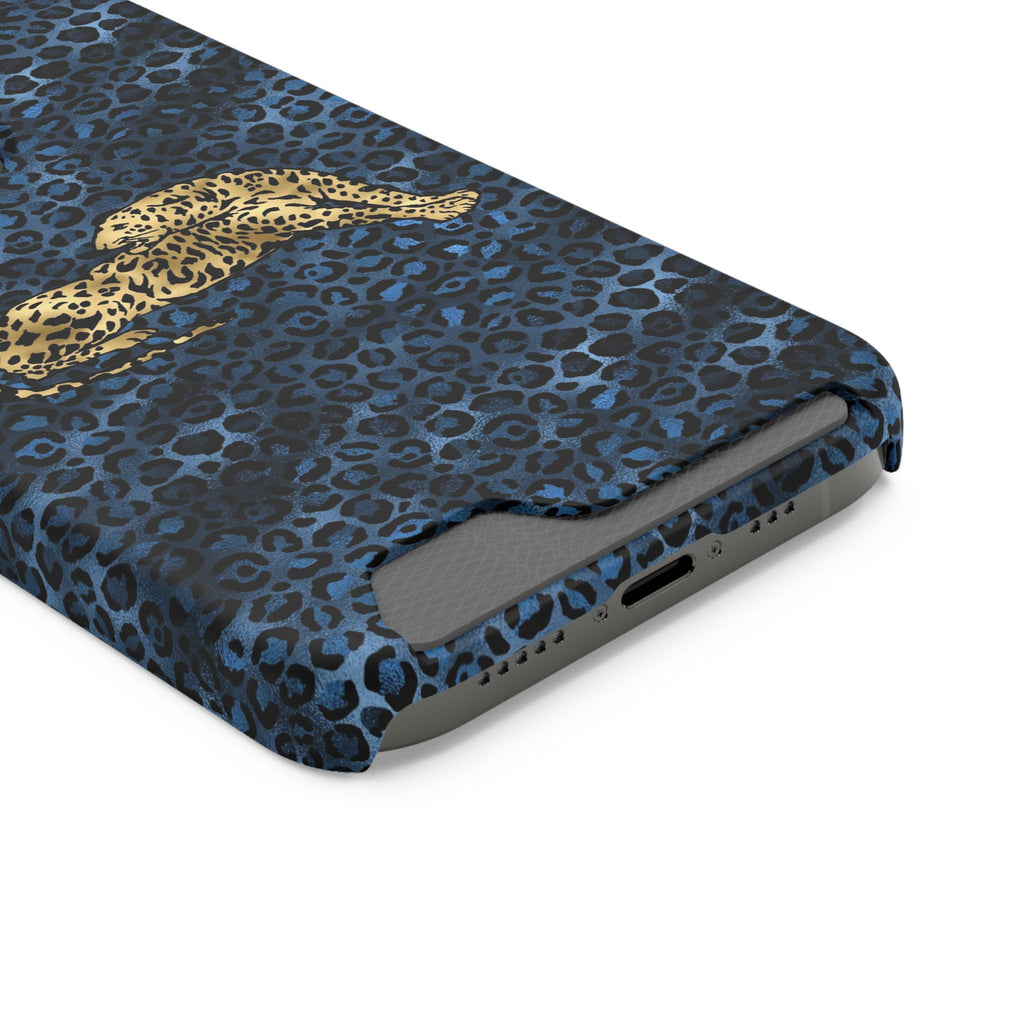 Blue Leopard Phone Case with Card Holder — Gold Cheetah Accent Printify