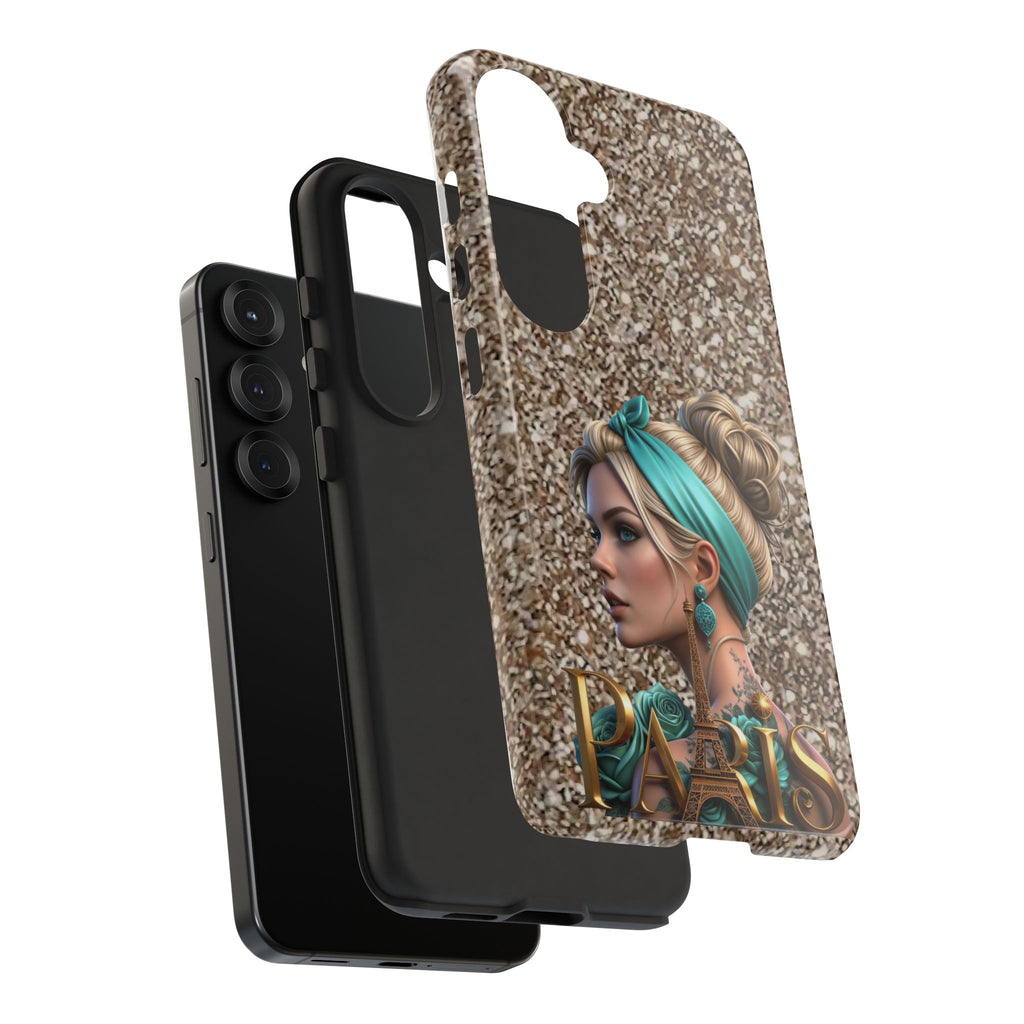 Parisian Glam Phone Case — Retro Pin-Up Girl with Teal Headscarf on Glitter Background Printify