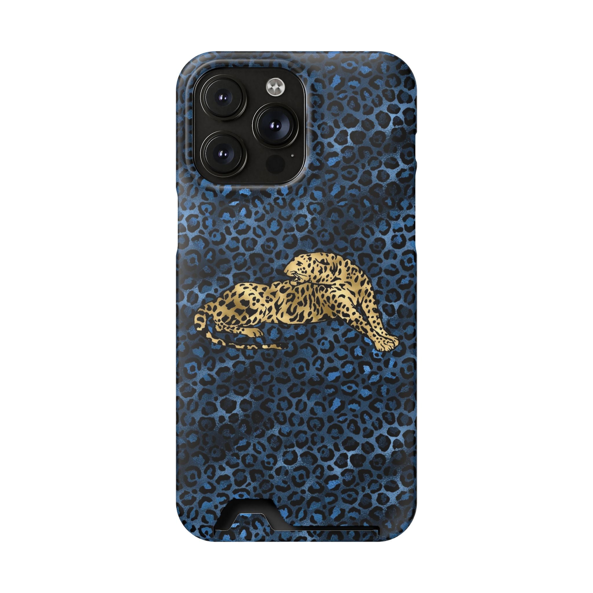 Blue Leopard Phone Case with Card Holder — Gold Cheetah Accent Printify