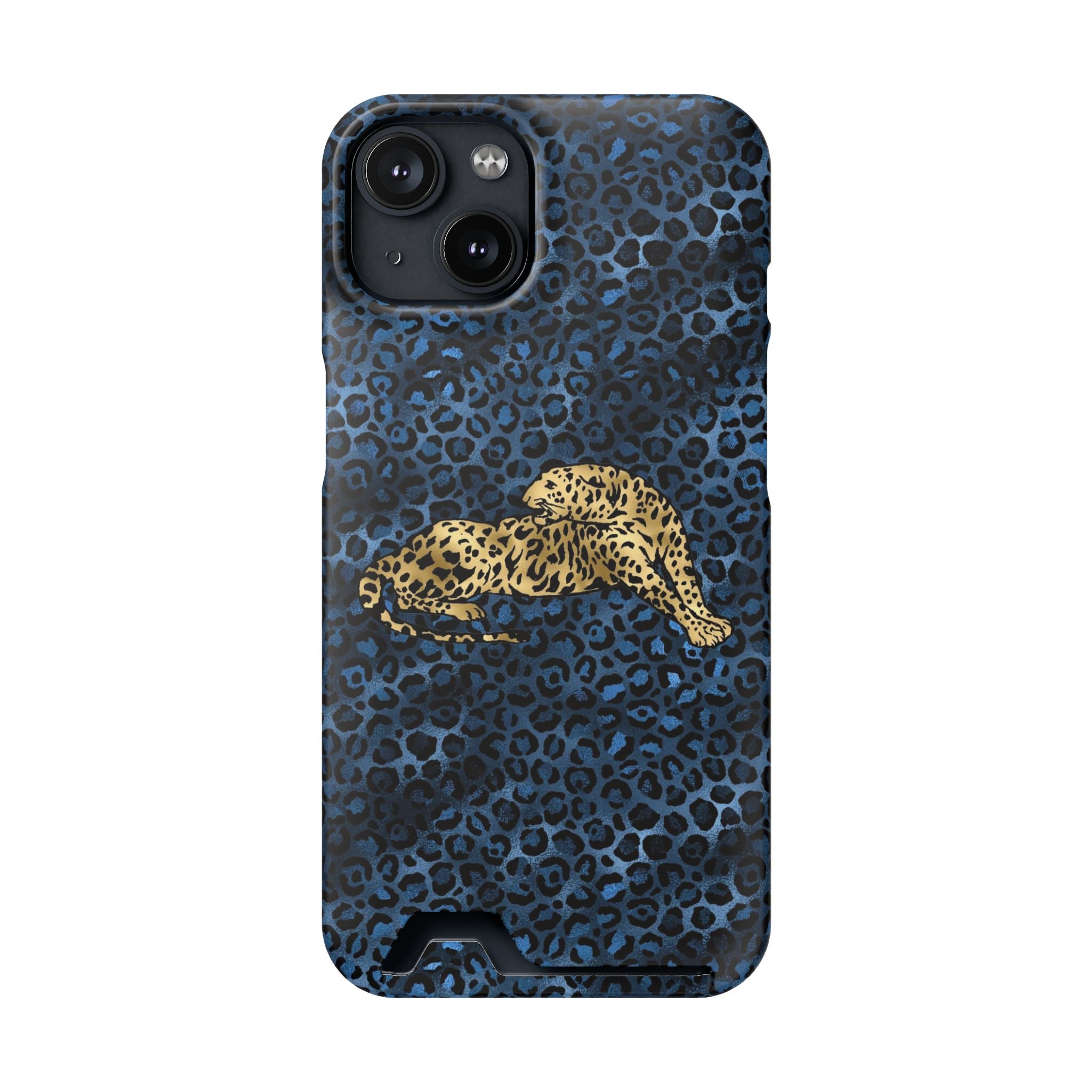 Blue Leopard Phone Case with Card Holder — Gold Cheetah Accent Printify