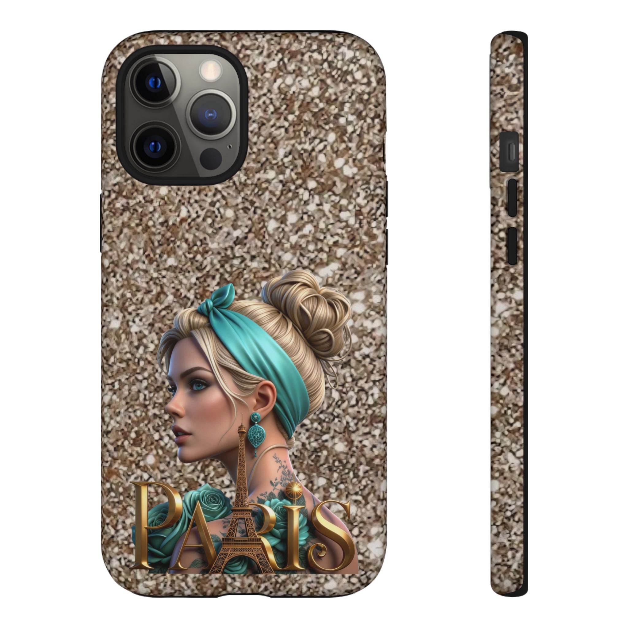 Parisian Glam Phone Case — Retro Pin-Up Girl with Teal Headscarf on Glitter Background Printify