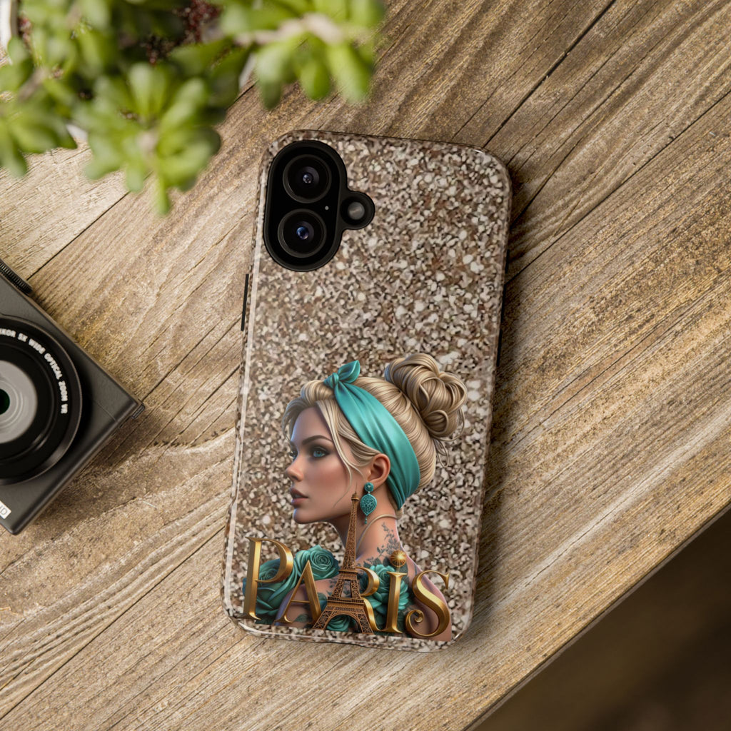 Parisian Glam Phone Case — Retro Pin-Up Girl with Teal Headscarf on Glitter Background Printify