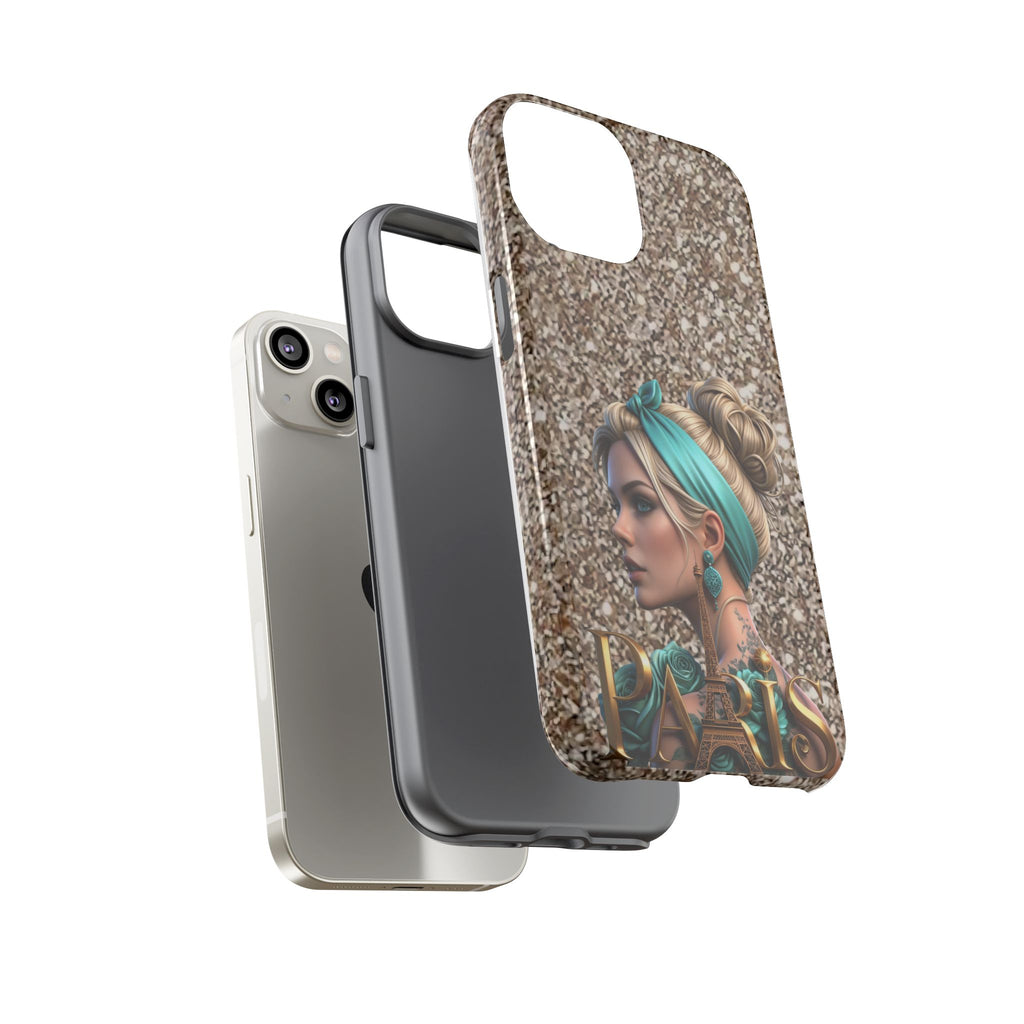 Parisian Glam Phone Case — Retro Pin-Up Girl with Teal Headscarf on Glitter Background Printify