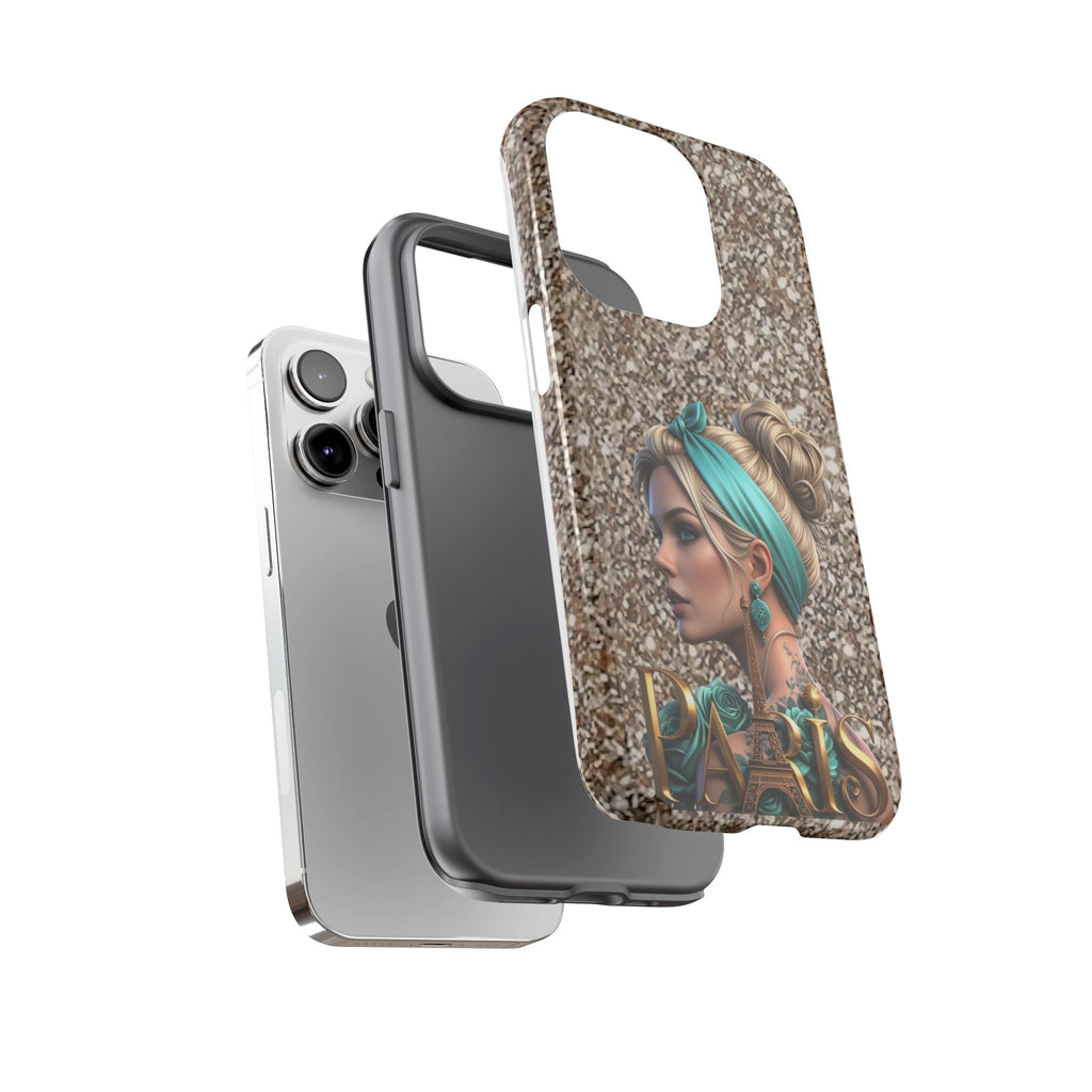 Parisian Glam Phone Case — Retro Pin-Up Girl with Teal Headscarf on Glitter Background Printify