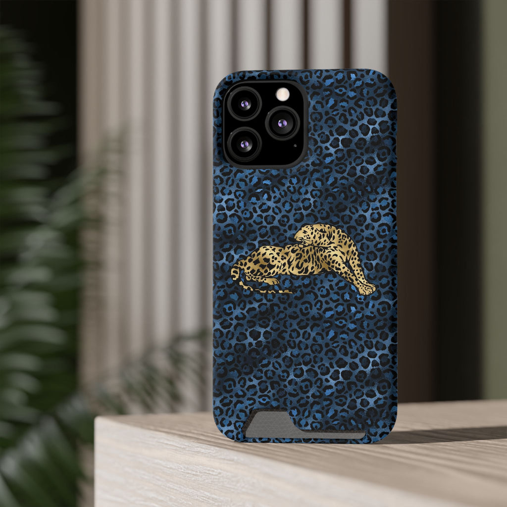 Blue Leopard Phone Case with Card Holder — Gold Cheetah Accent Printify