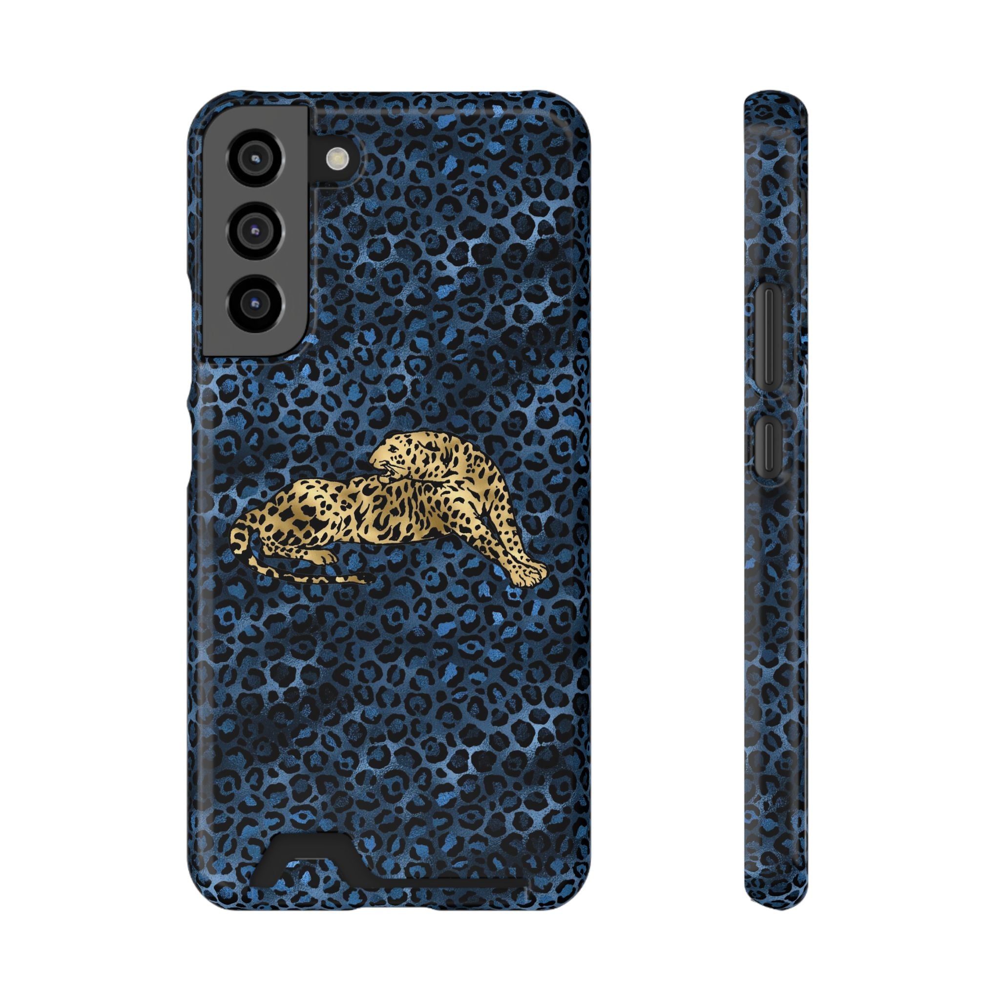 Blue Leopard Phone Case with Card Holder — Gold Cheetah Accent Printify