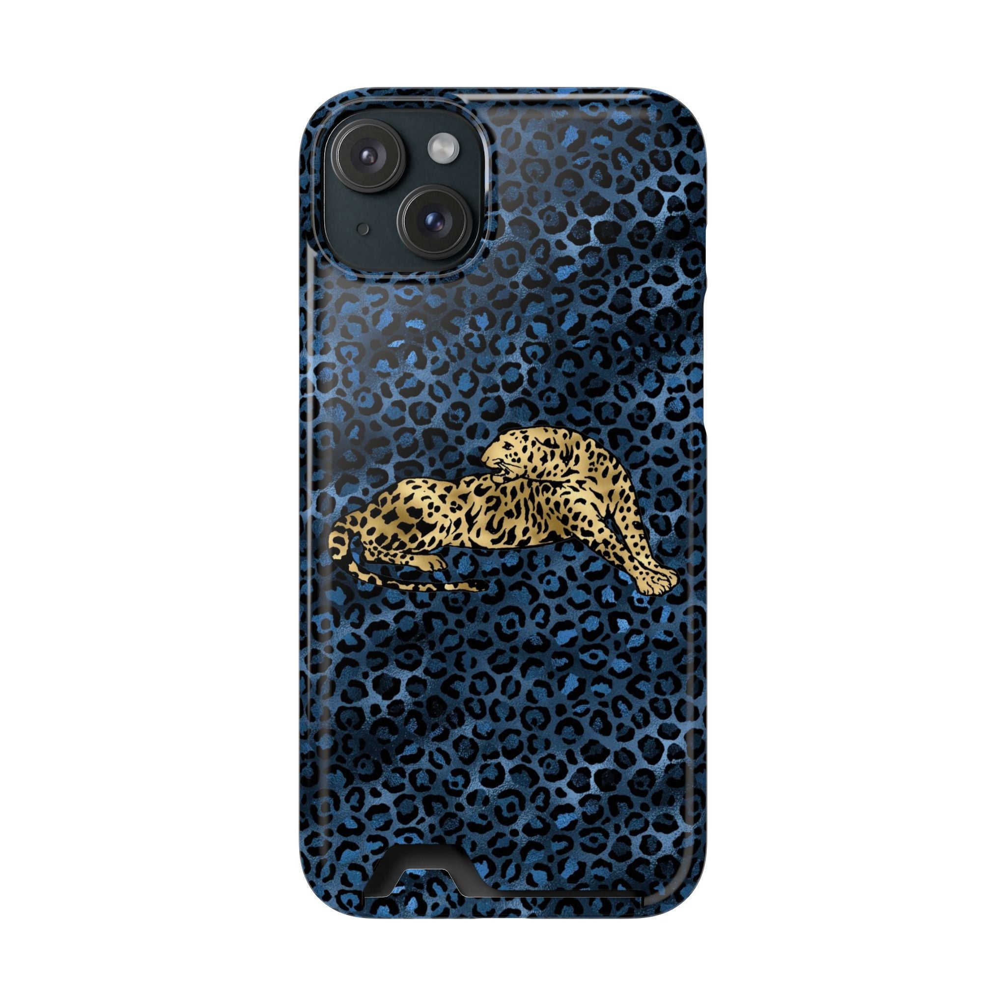 Blue Leopard Phone Case with Card Holder — Gold Cheetah Accent Printify