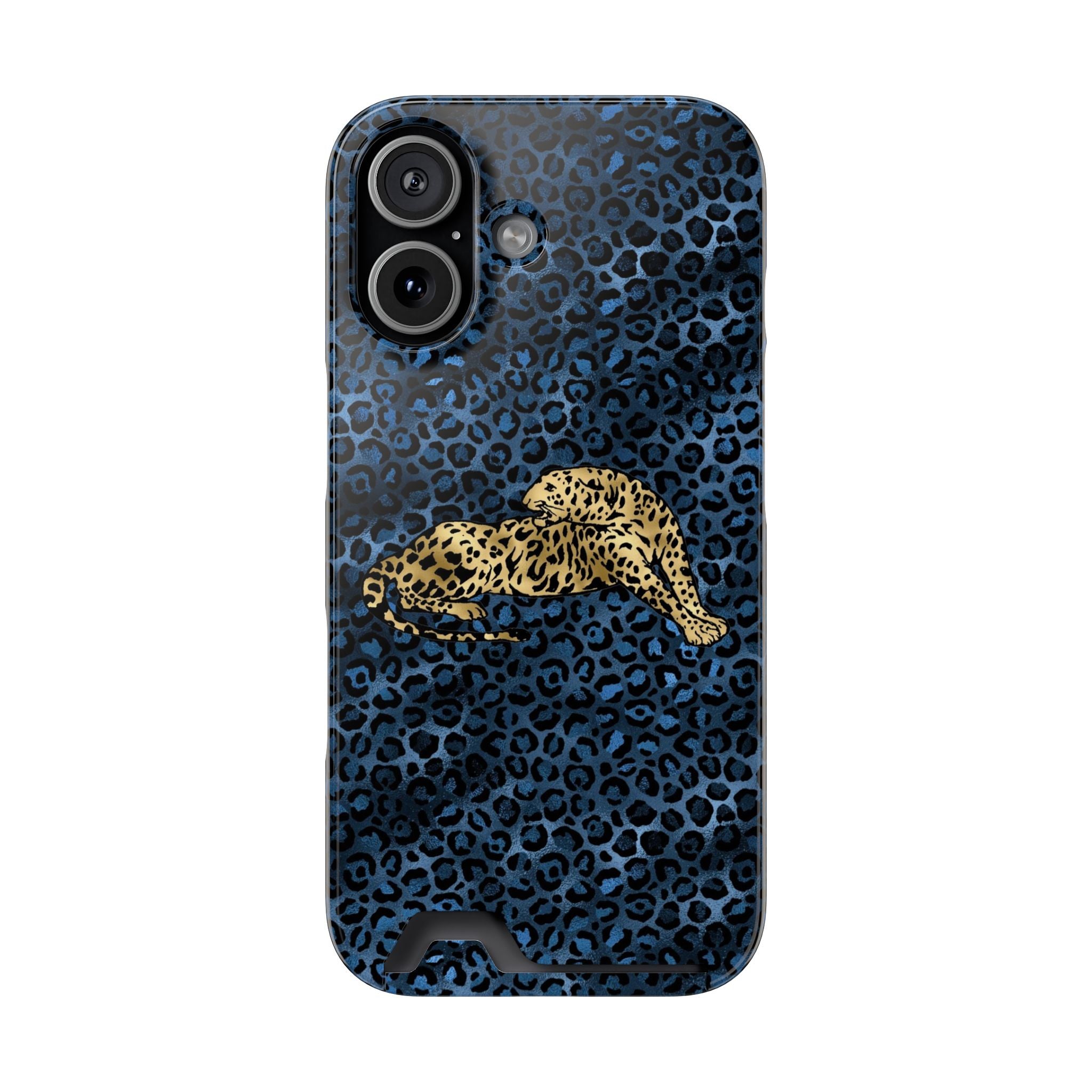 Blue Leopard Phone Case with Card Holder — Gold Cheetah Accent Printify