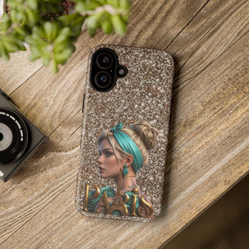 Parisian Glam Phone Case — Retro Pin-Up Girl with Teal Headscarf on Glitter Background Printify