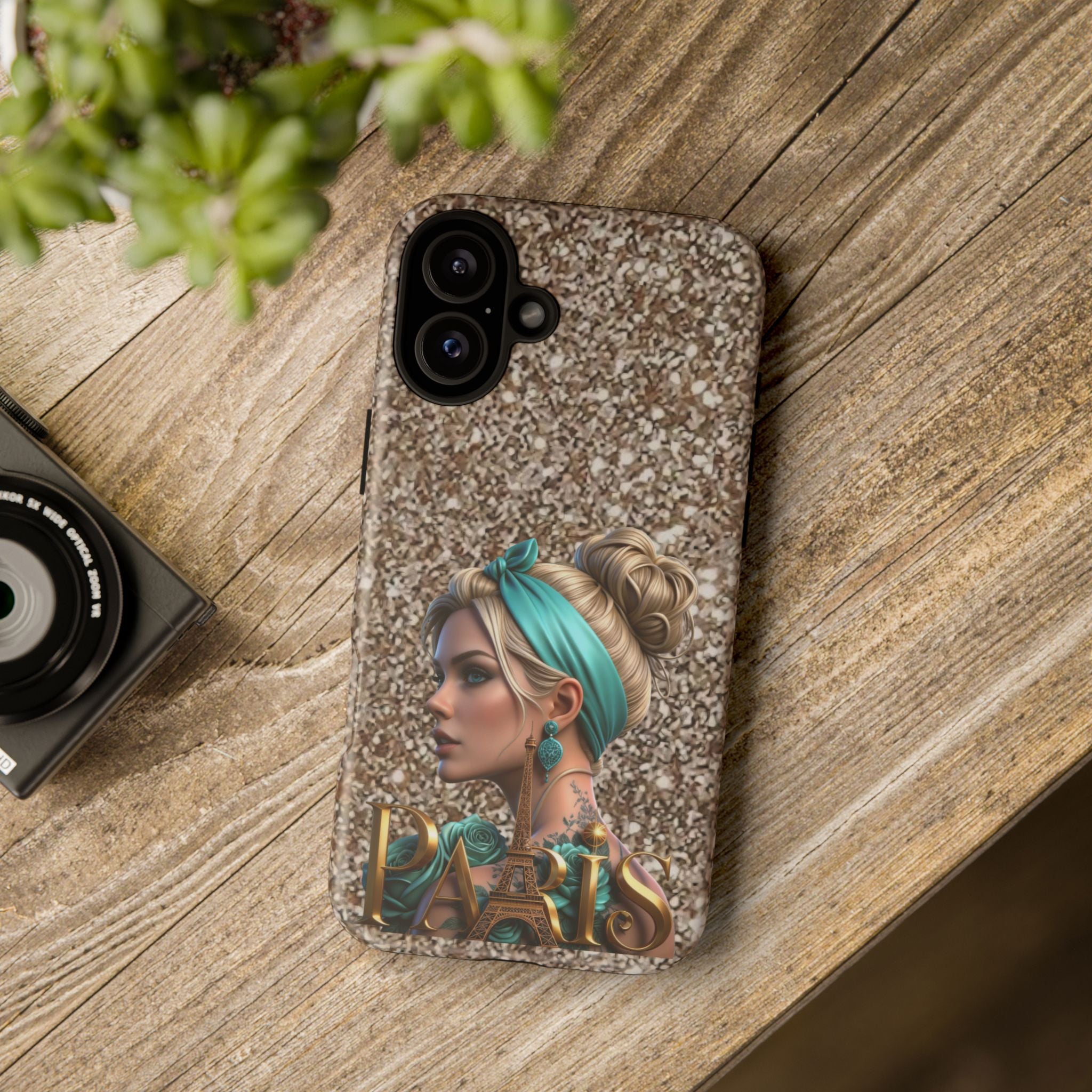 Parisian Glam Phone Case — Retro Pin-Up Girl with Teal Headscarf on Glitter Background Printify