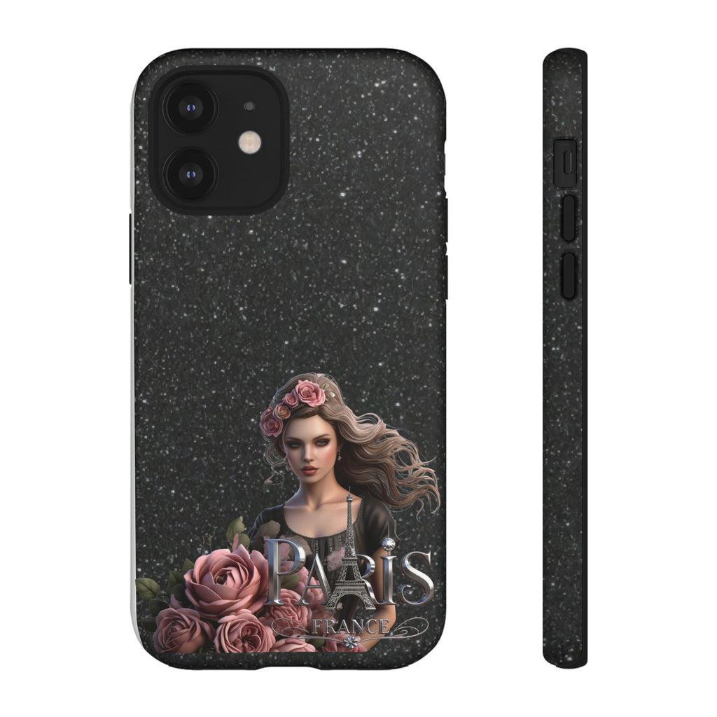 Floral Gothic Phone Case — Rose Crowned Woman on Sparkle Black Printify