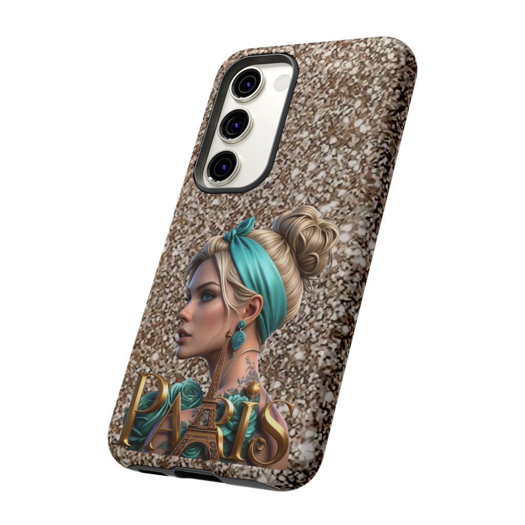 Parisian Glam Phone Case — Retro Pin-Up Girl with Teal Headscarf on Glitter Background Printify