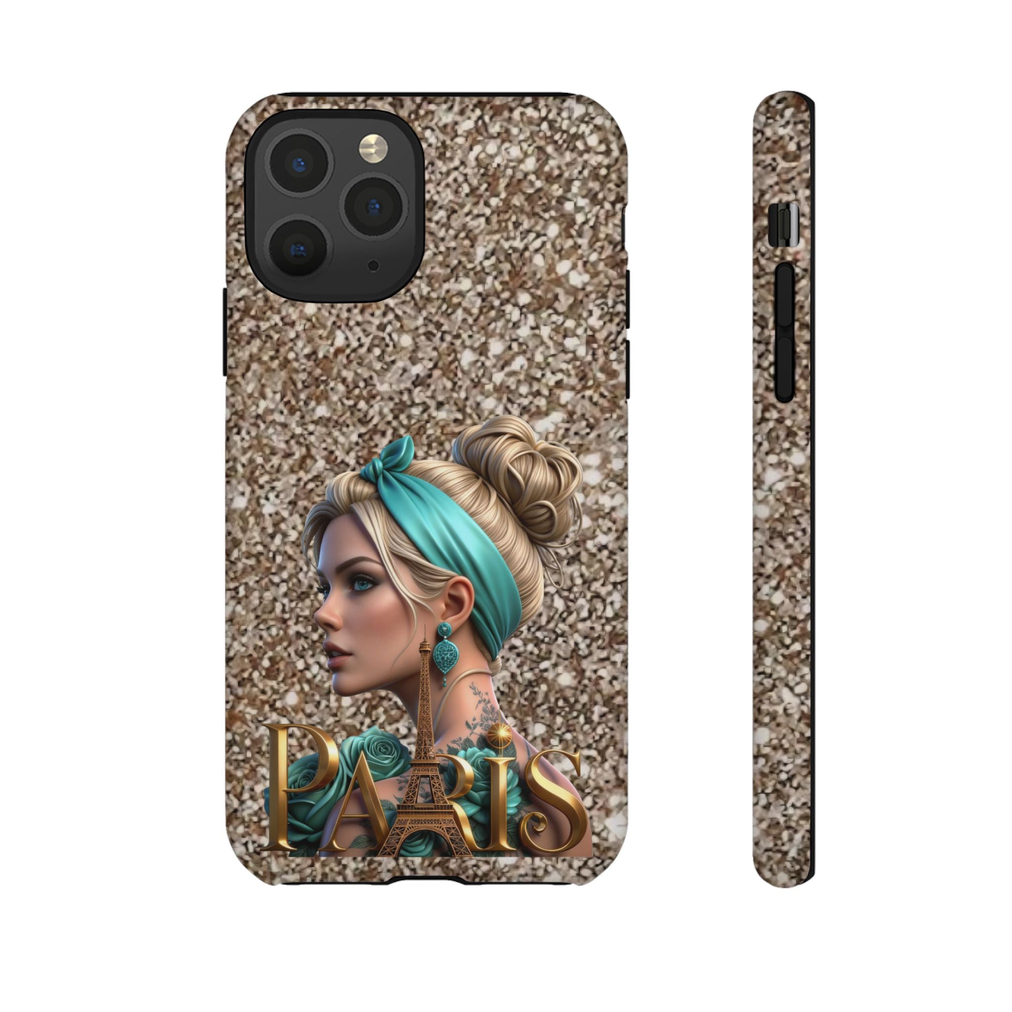 Parisian Glam Phone Case — Retro Pin-Up Girl with Teal Headscarf on Glitter Background Printify