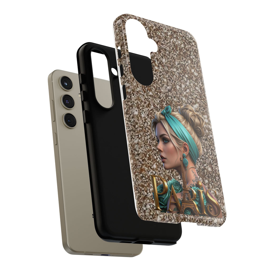 Parisian Glam Phone Case — Retro Pin-Up Girl with Teal Headscarf on Glitter Background Printify