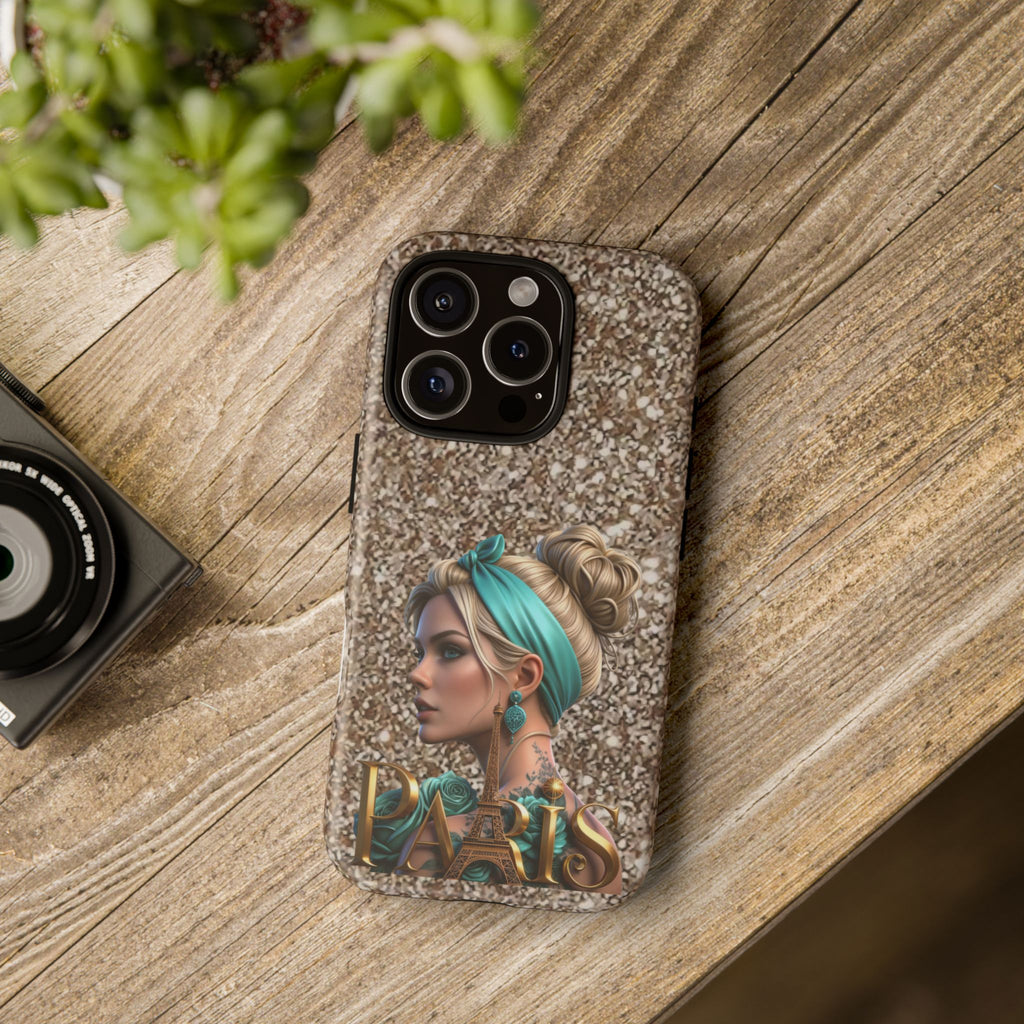 Parisian Glam Phone Case — Retro Pin-Up Girl with Teal Headscarf on Glitter Background Printify