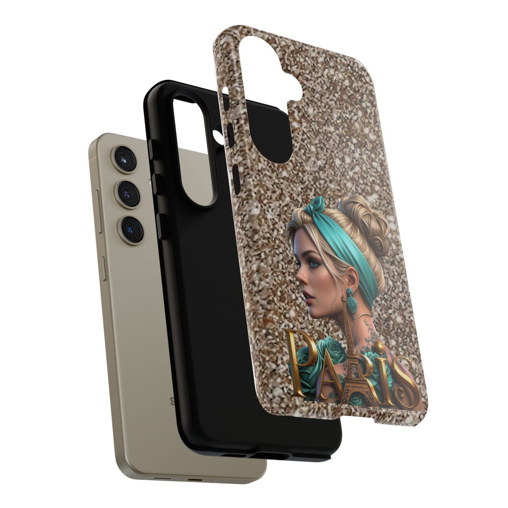 Parisian Glam Phone Case — Retro Pin-Up Girl with Teal Headscarf on Glitter Background Printify