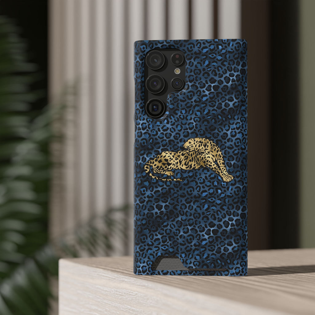 Blue Leopard Phone Case with Card Holder — Gold Cheetah Accent Printify