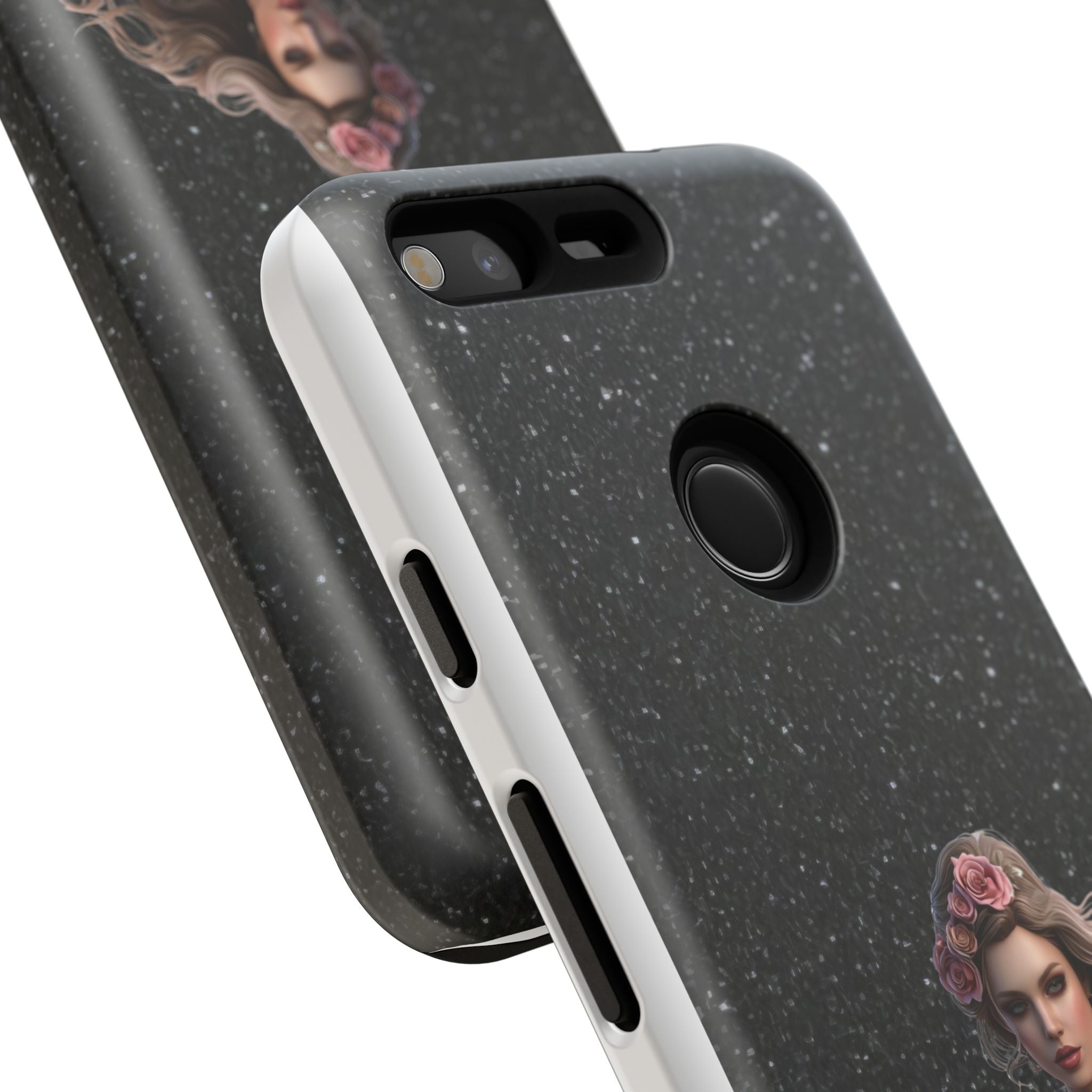 Floral Gothic Phone Case — Rose Crowned Woman on Sparkle Black Printify