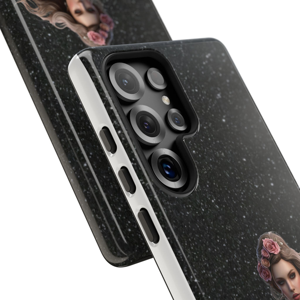 Floral Gothic Phone Case — Rose Crowned Woman on Sparkle Black Printify