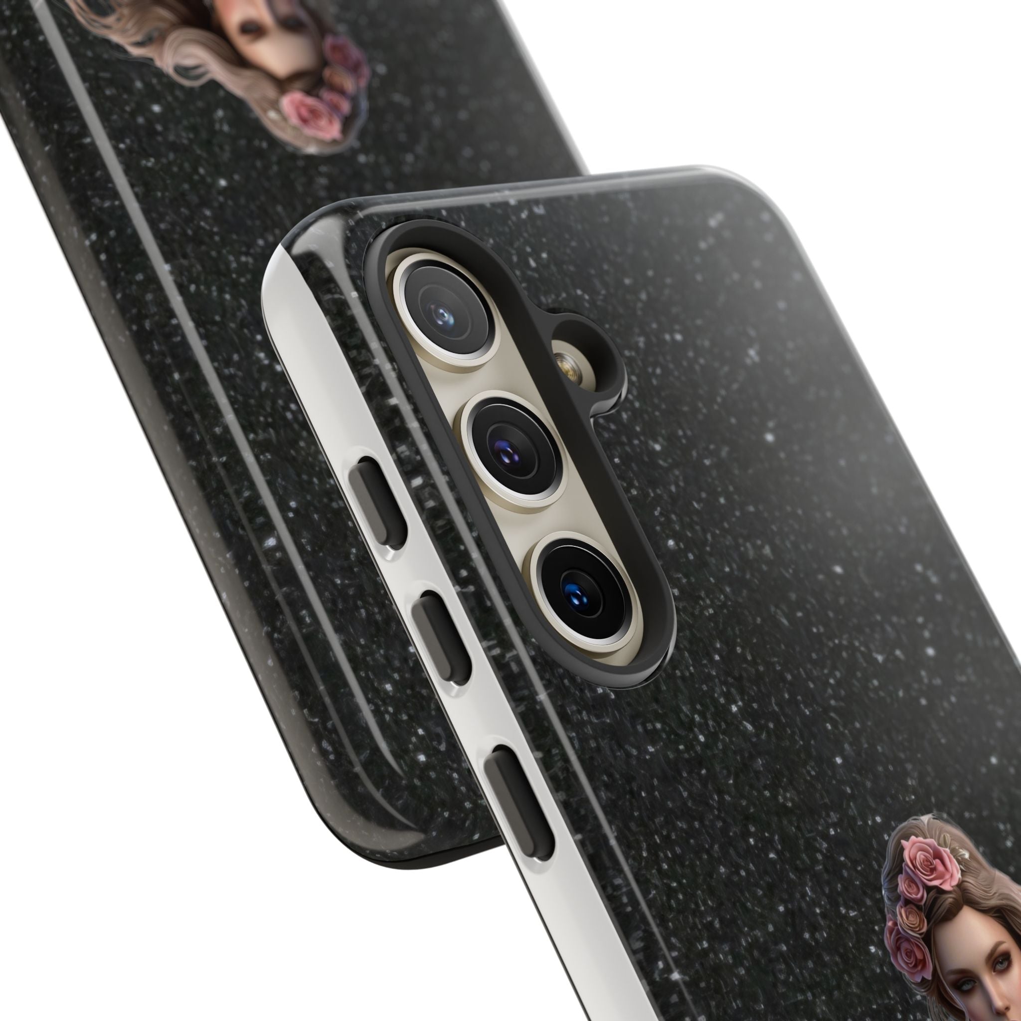 Floral Gothic Phone Case — Rose Crowned Woman on Sparkle Black Printify