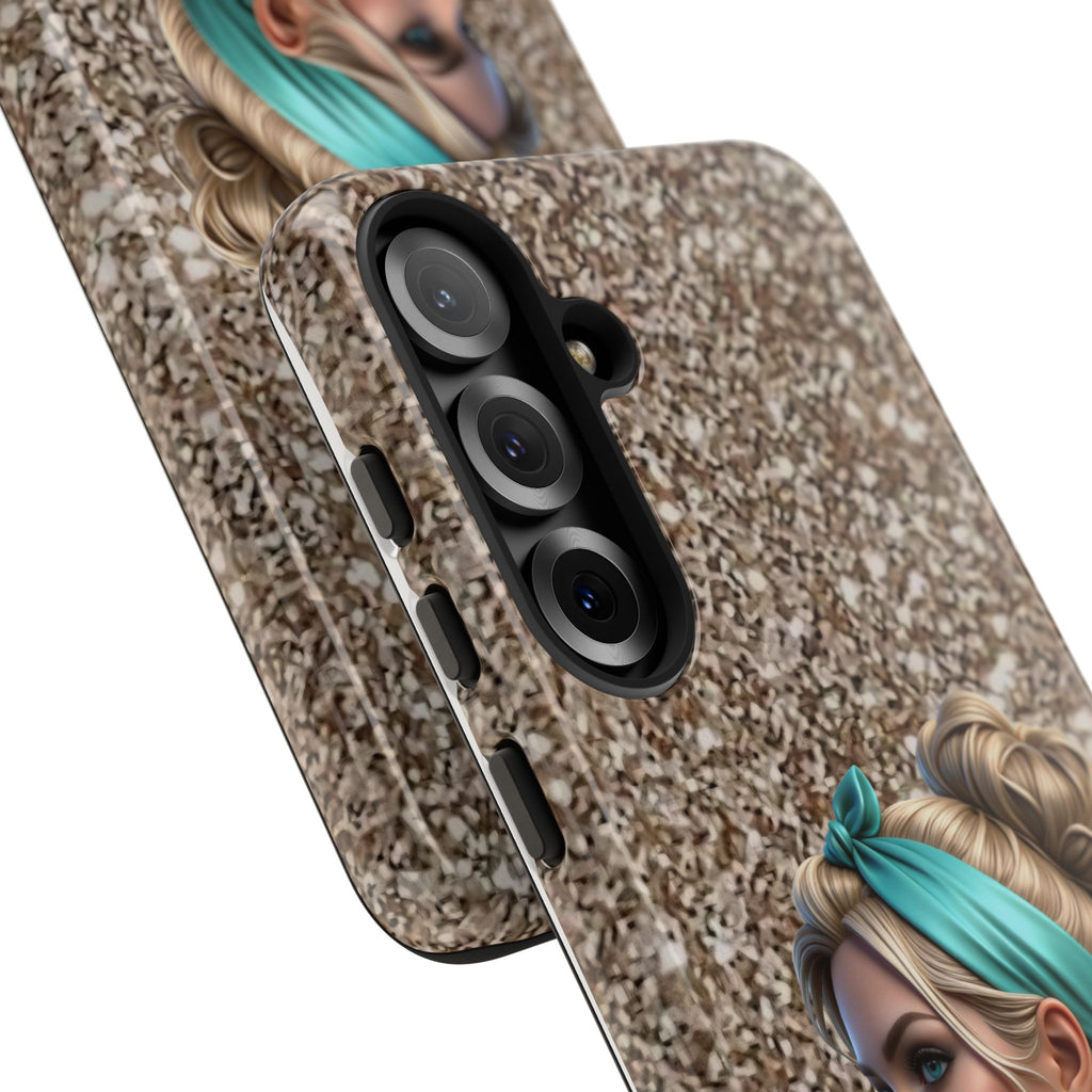 Parisian Glam Phone Case — Retro Pin-Up Girl with Teal Headscarf on Glitter Background Printify