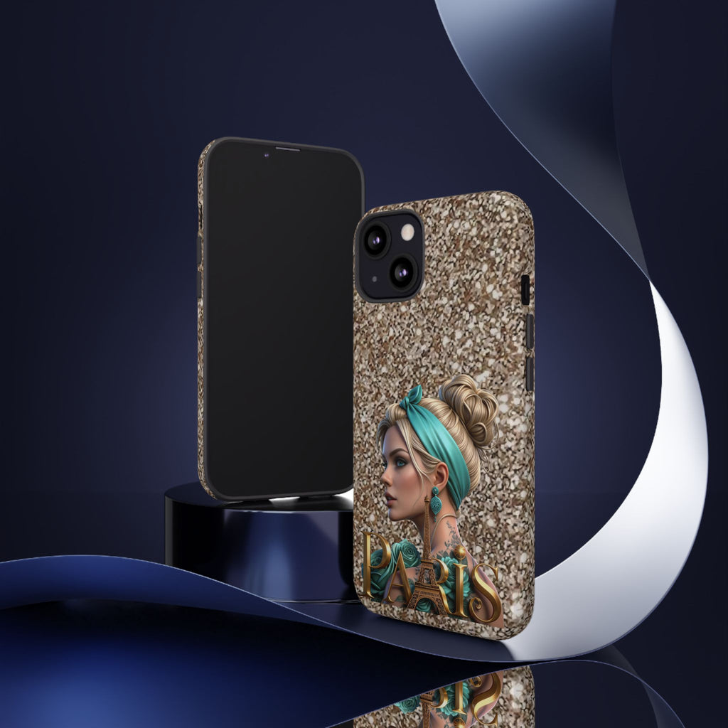 Parisian Glam Phone Case — Retro Pin-Up Girl with Teal Headscarf on Glitter Background Printify