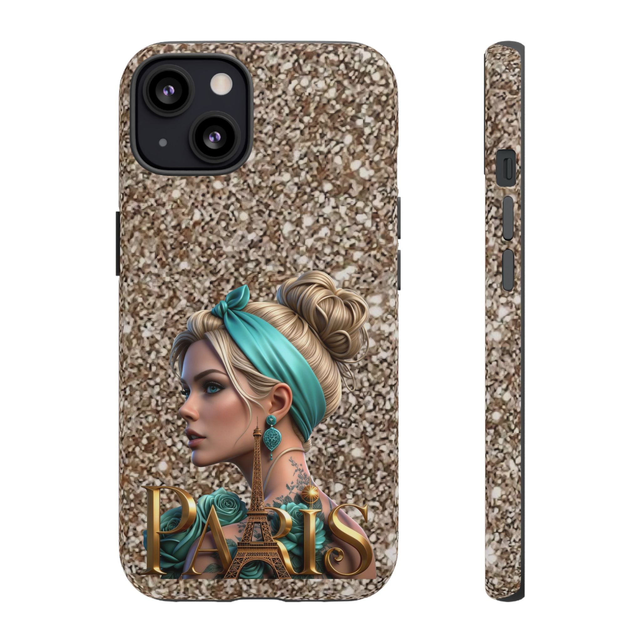 Parisian Glam Phone Case — Retro Pin-Up Girl with Teal Headscarf on Glitter Background Printify
