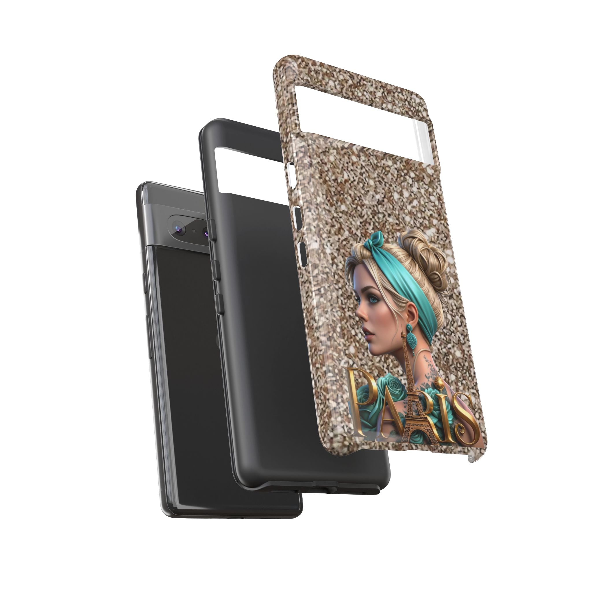 Parisian Glam Phone Case — Retro Pin-Up Girl with Teal Headscarf on Glitter Background Printify