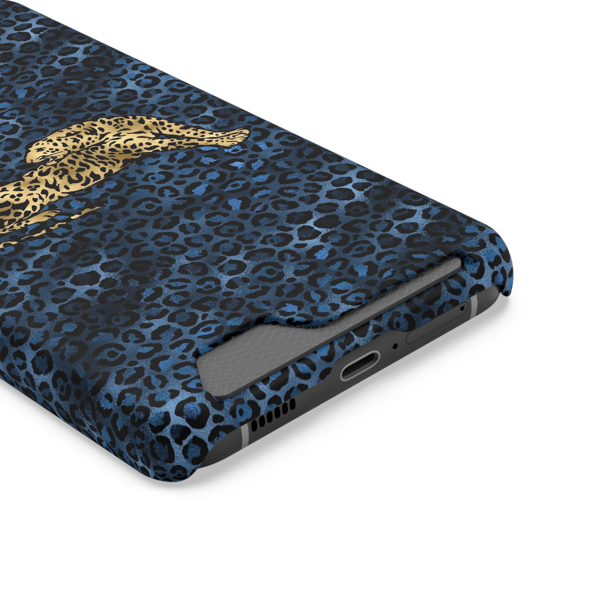 Blue Leopard Phone Case with Card Holder — Gold Cheetah Accent Printify