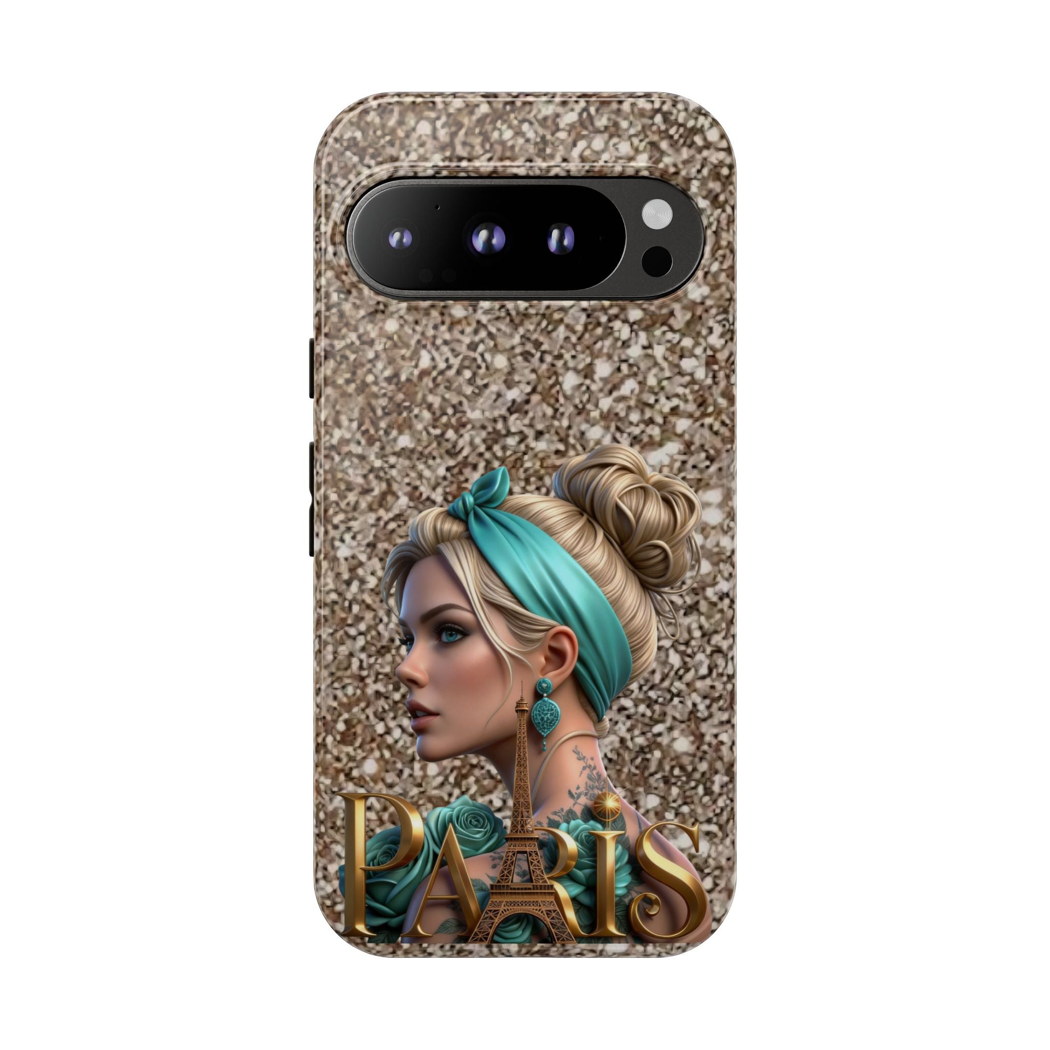 Parisian Glam Phone Case — Retro Pin-Up Girl with Teal Headscarf on Glitter Background Printify