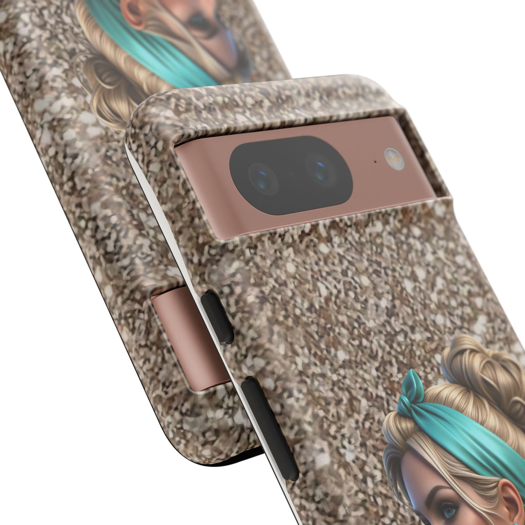 Parisian Glam Phone Case — Retro Pin-Up Girl with Teal Headscarf on Glitter Background Printify
