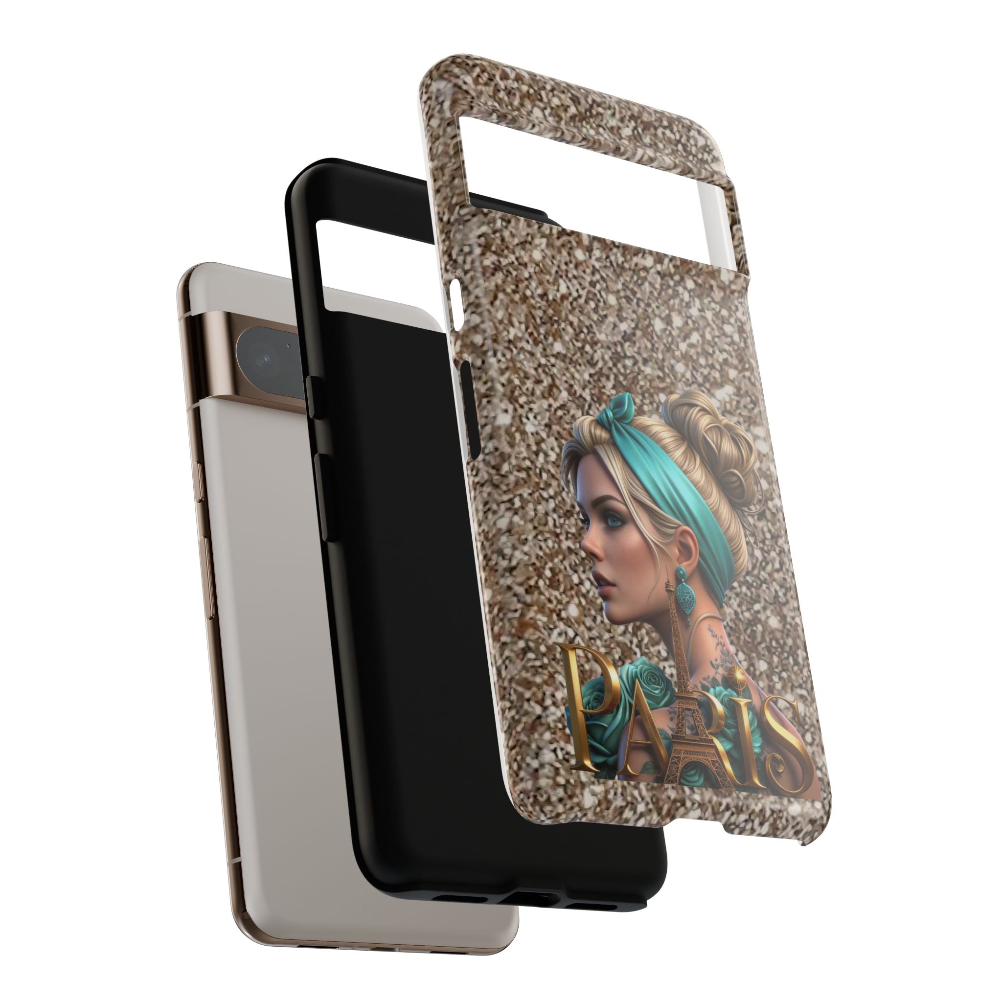 Parisian Glam Phone Case — Retro Pin-Up Girl with Teal Headscarf on Glitter Background Printify