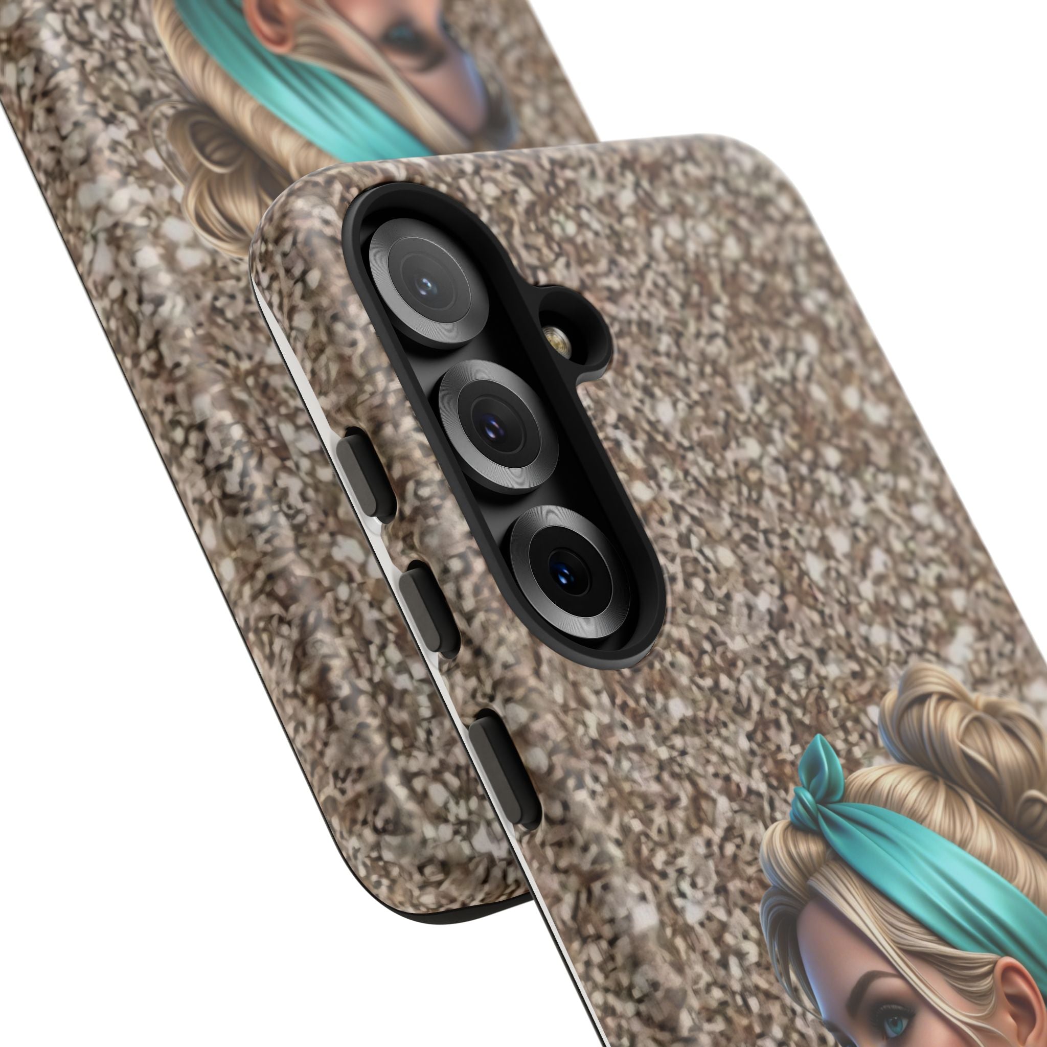 Parisian Glam Phone Case — Retro Pin-Up Girl with Teal Headscarf on Glitter Background Printify